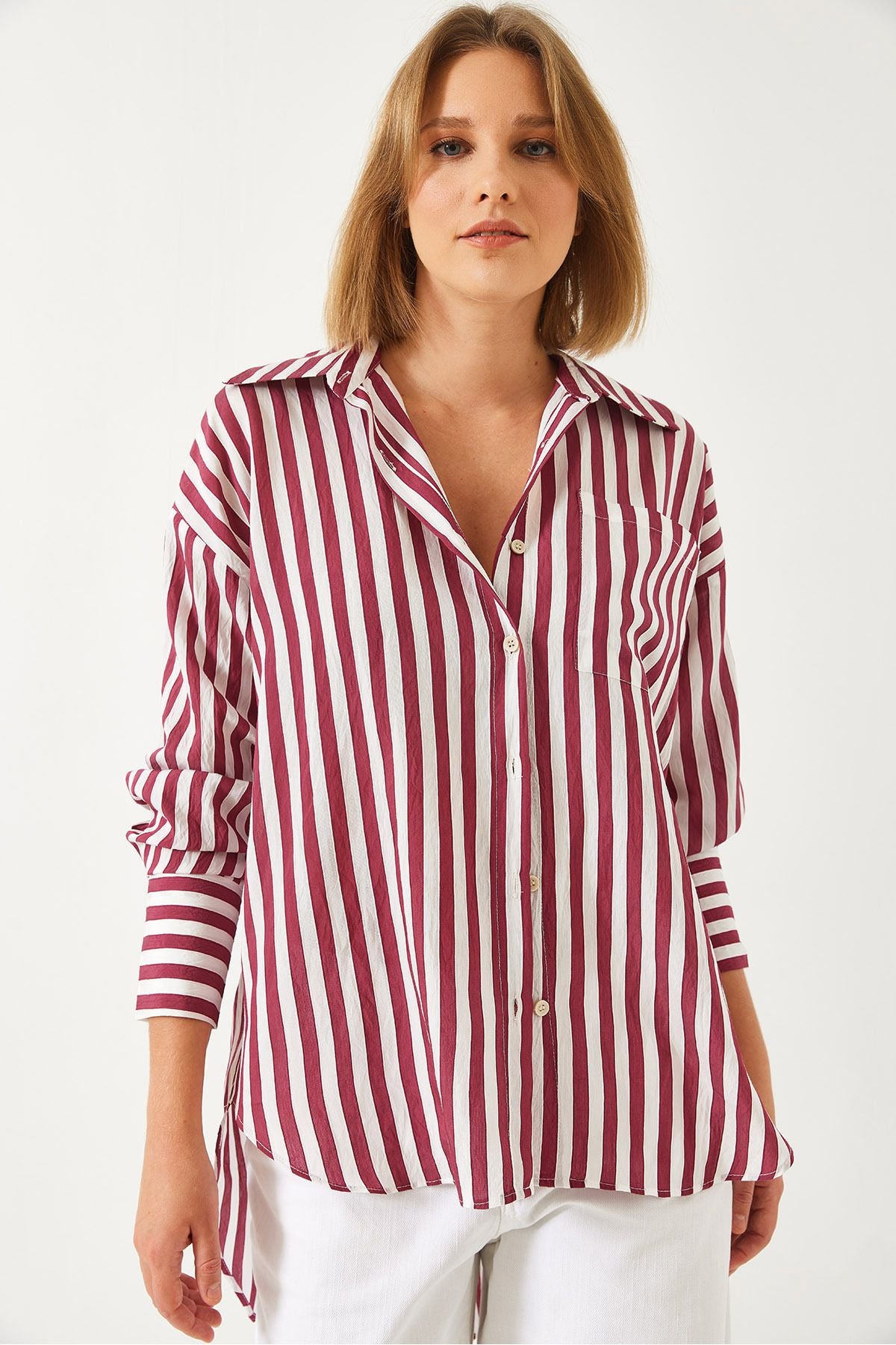 Female Single Pocket striped Oversize Shirt G1008 60261157