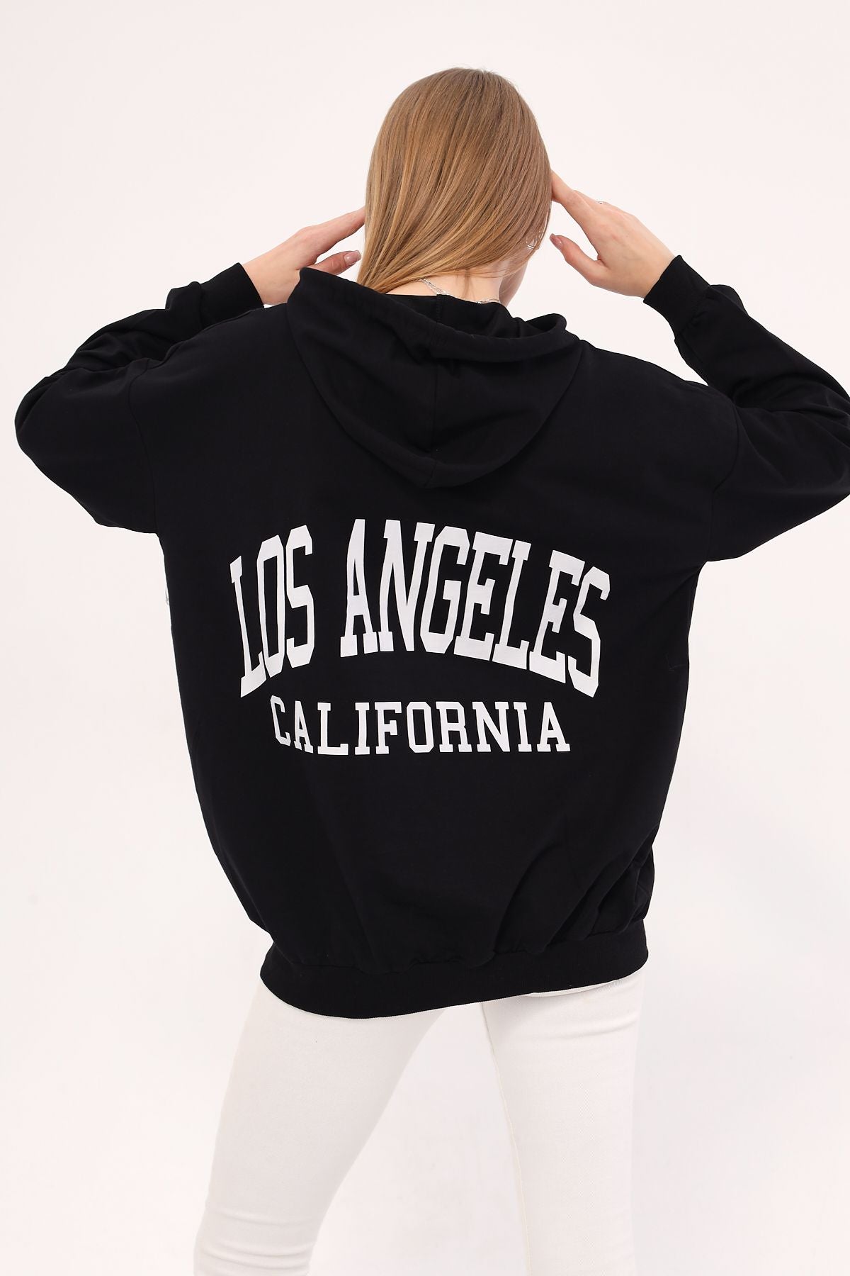 Woman Black Los Angeles printed hooded overwheel Sweatshirt ARM-25K001026