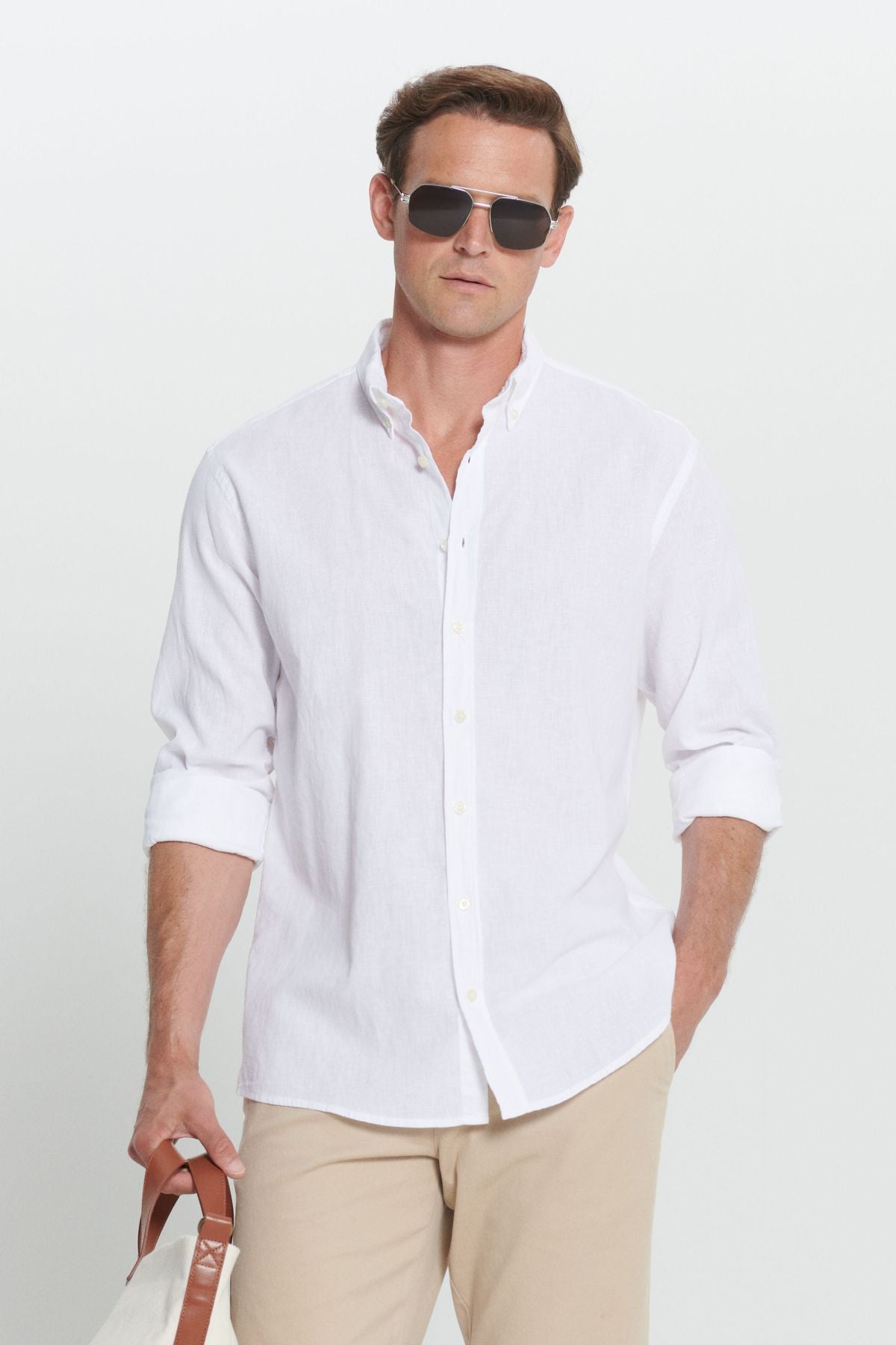 Men's White Linen Comfort Fit Casual Cutting buttoned collar shirt