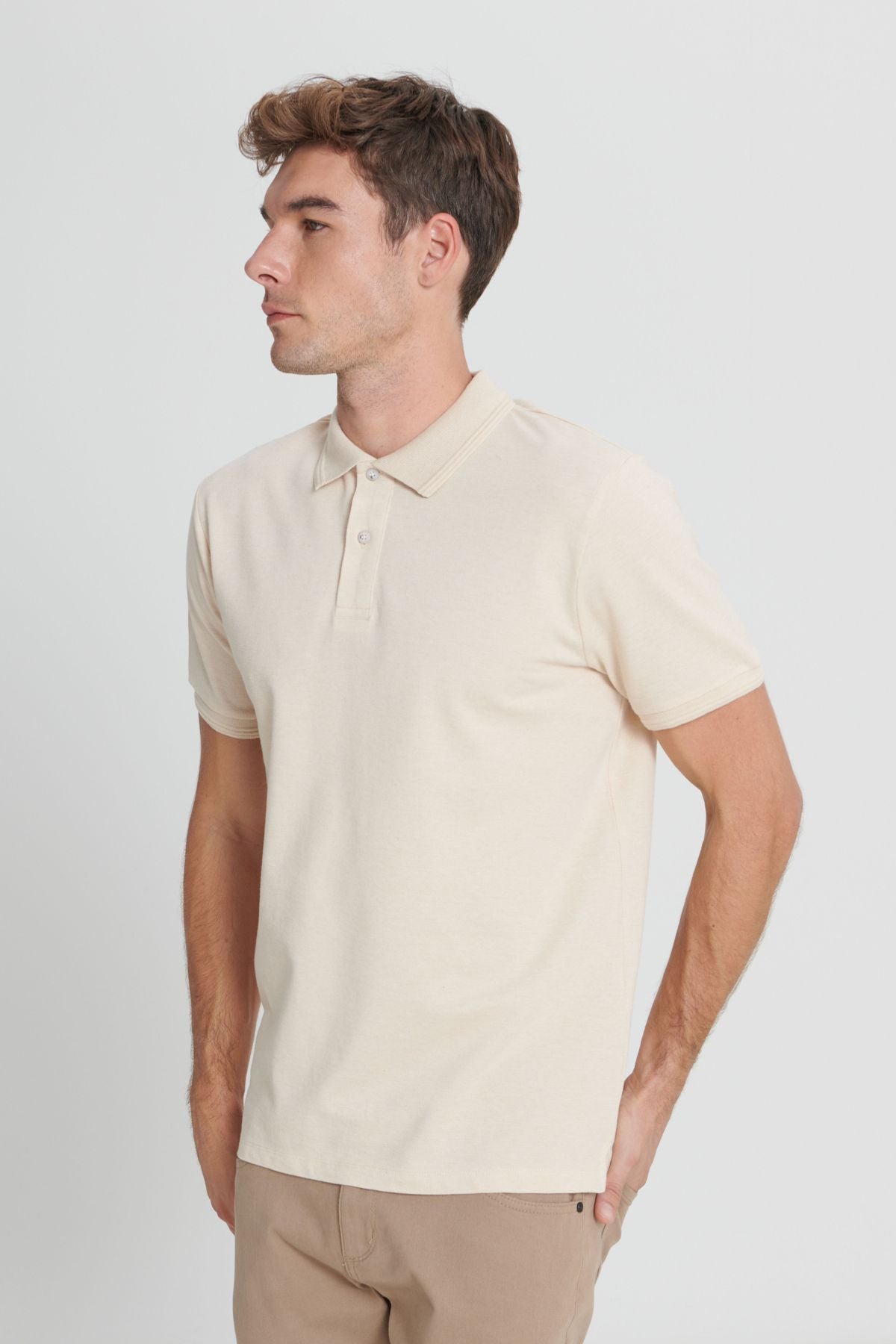 Men's Beige-Ekru Slim Fit Narrow Cut 100 %Cotton Polo Yaka T-shirt