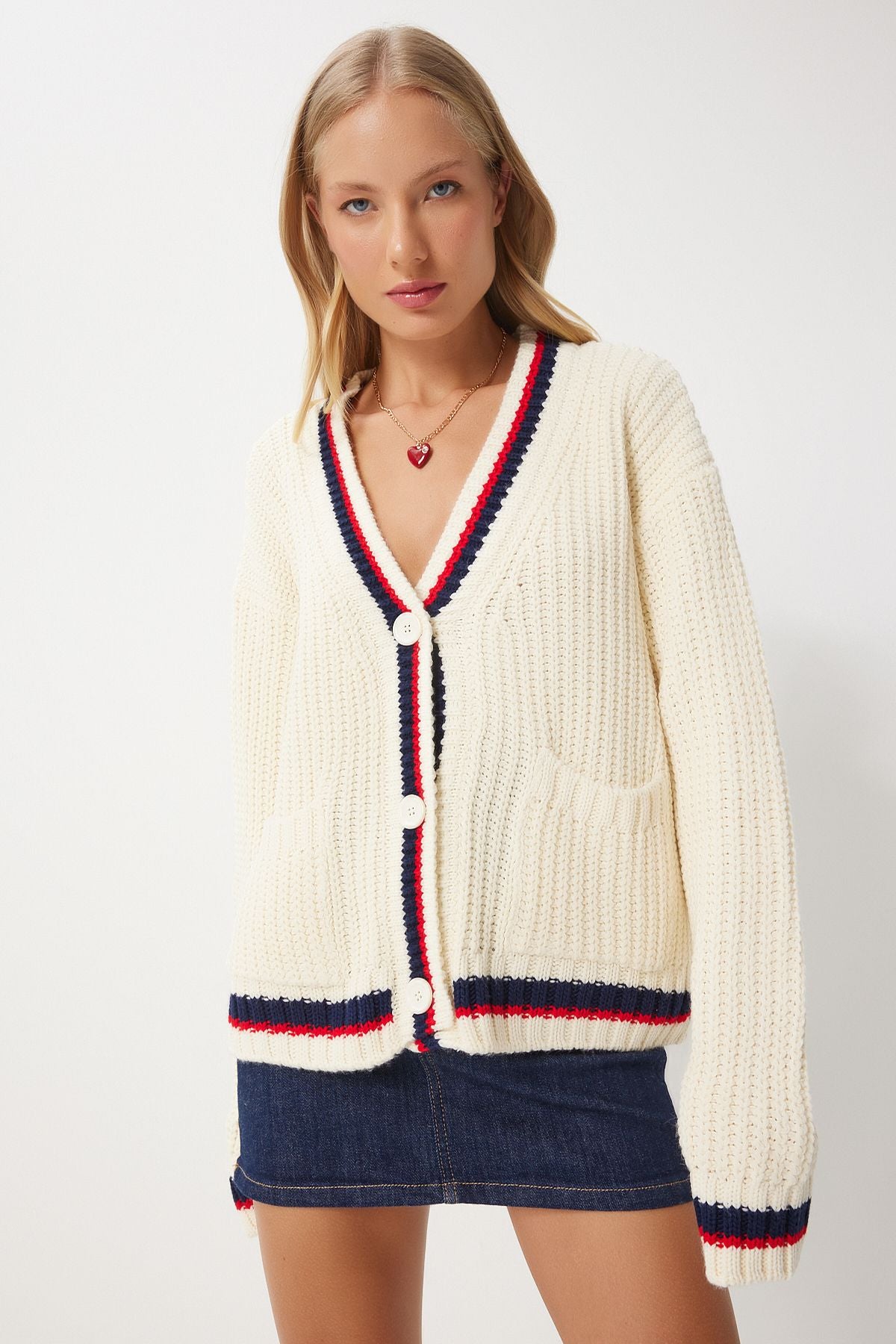 Women's Cream V -Neckline Detail Triko Cardigan PF00085