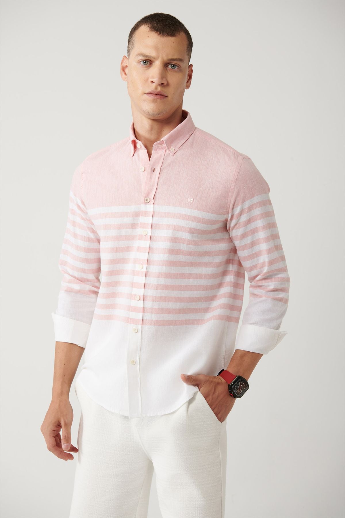 Men's light pink button collar panel striped shirt A41y2190