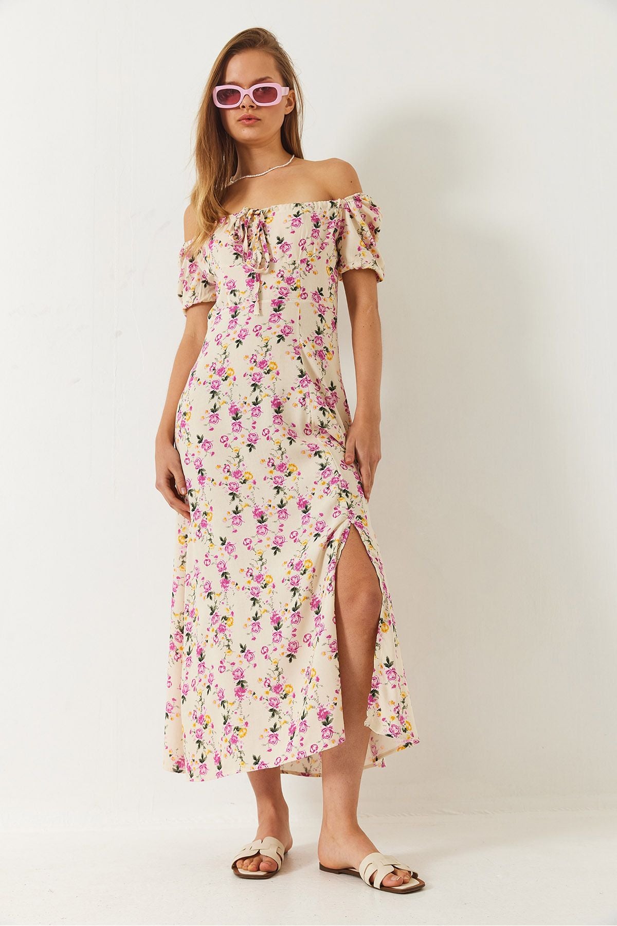 Female Baglama Neck Slit Detailed Patterned Midi Viscose Dress 60261492