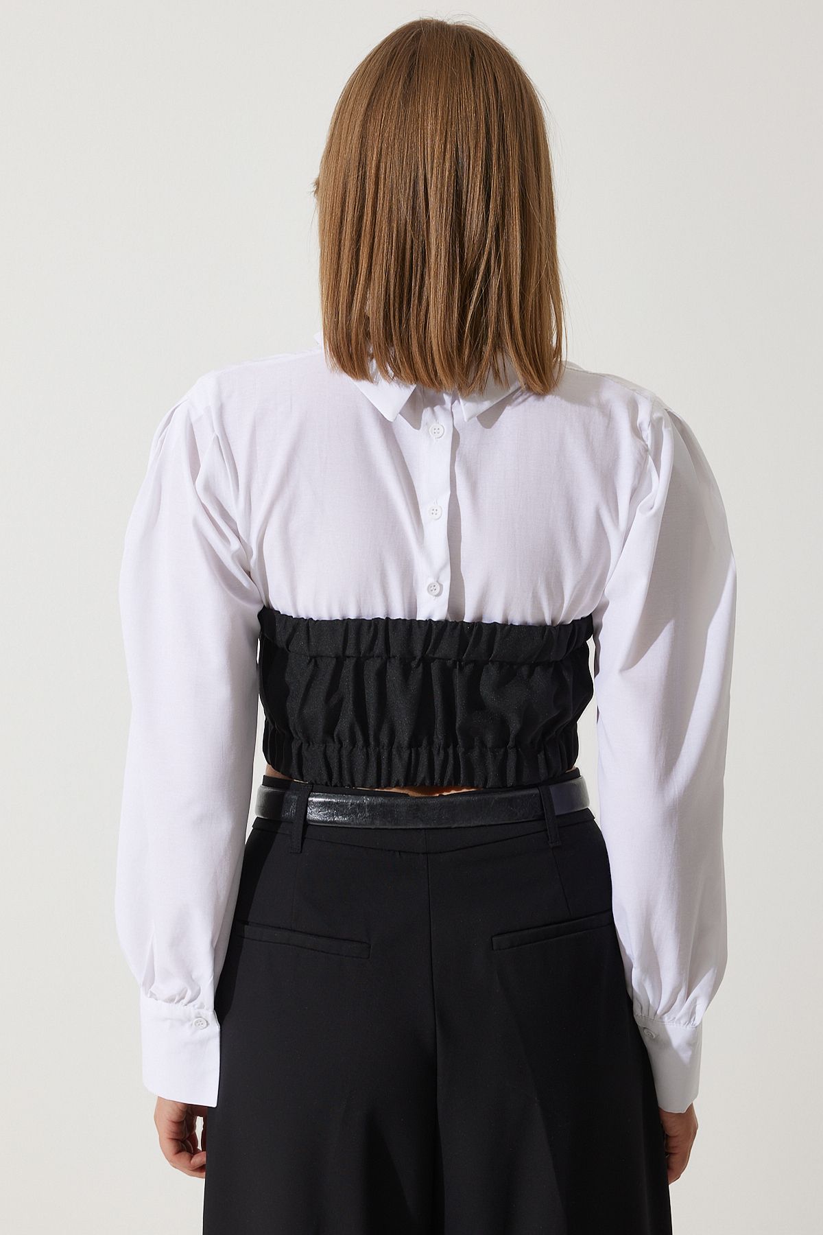 Woman White Black Bloc Color Crop Shirt Blouse RG00032