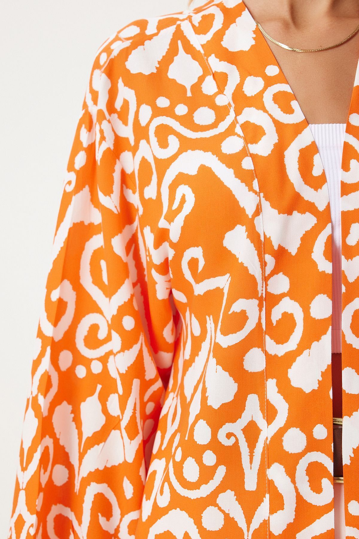 Female Orange Ecru Patterned Viscose Kimono EN00615