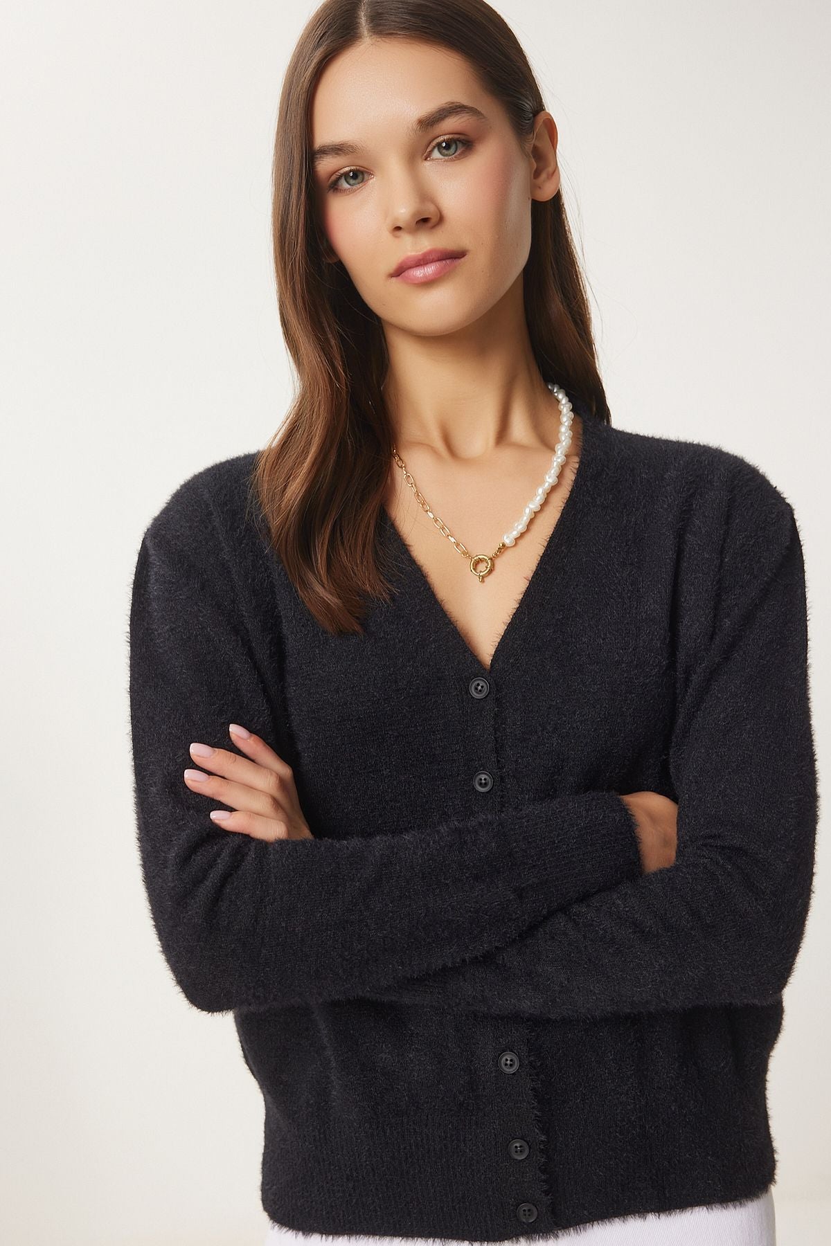 WOMEN Black V -Neck Beard Seasonal Triko Cardigan FN03446