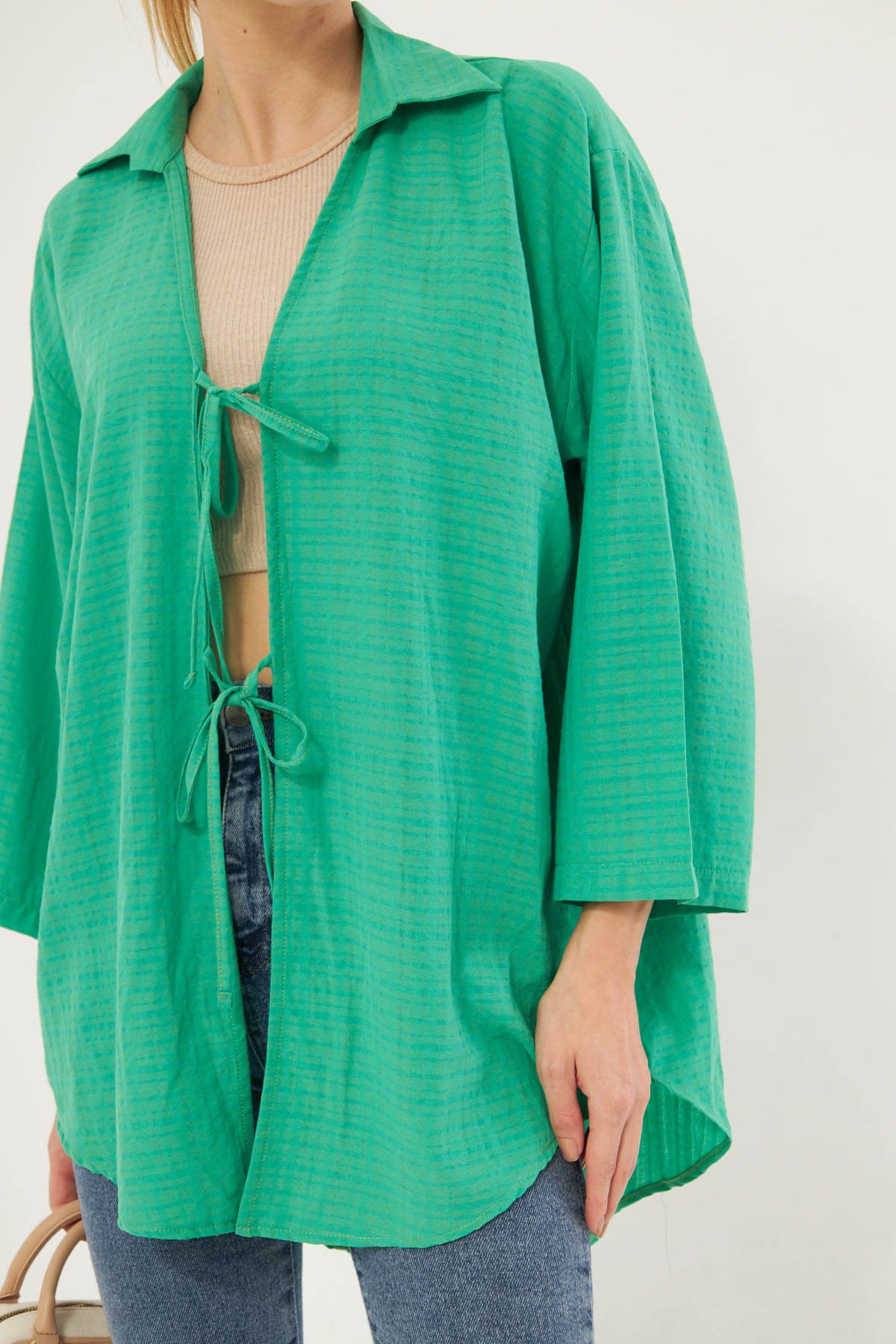 WOMEN LIGHT GREEN SHIRT COLLAR front with laced kimono shirt ARM-25K001006