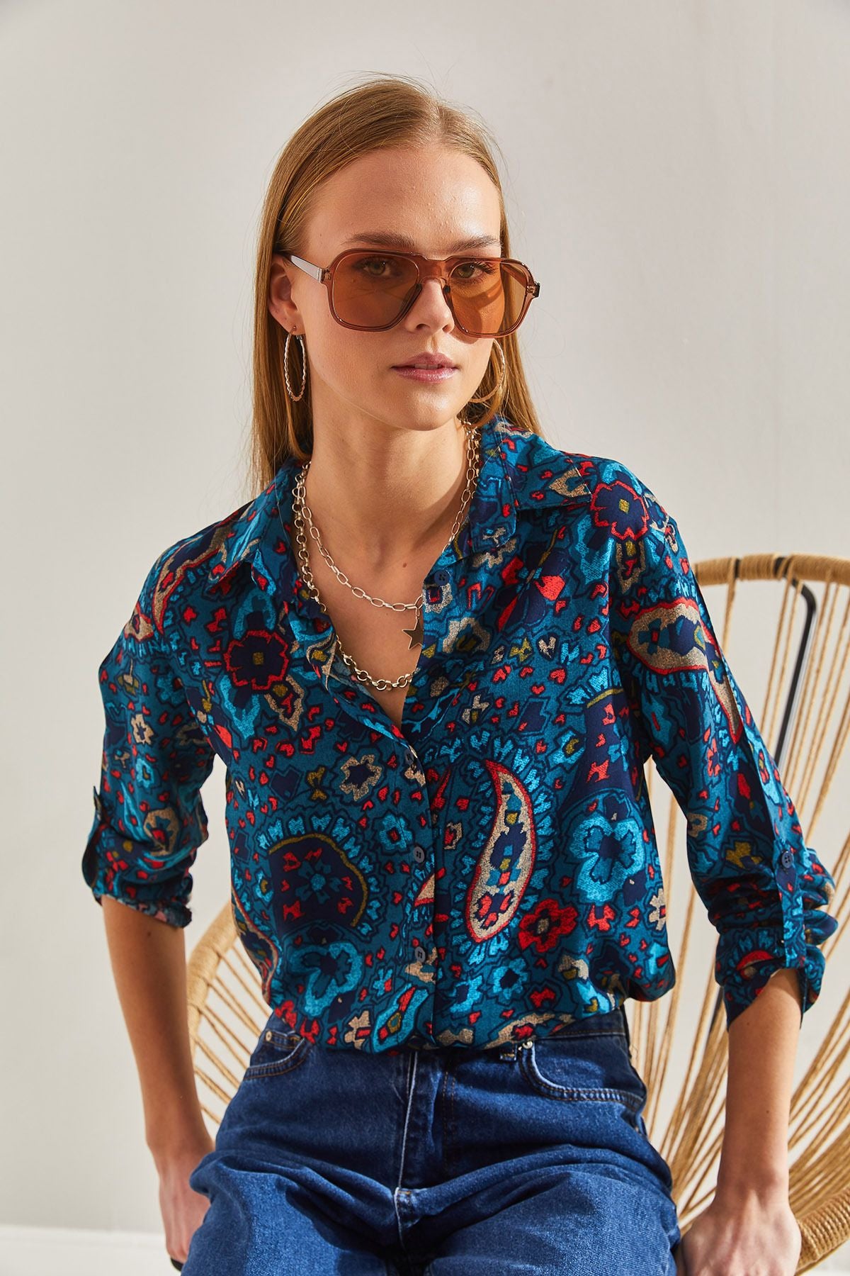 Women's Arm Folded Flower Patterned Viscose Shirt 60101029