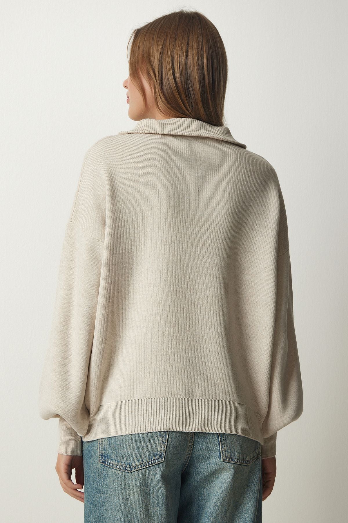 Female Beige Zippered Neck Basic Knitwear Kazakh PF00007