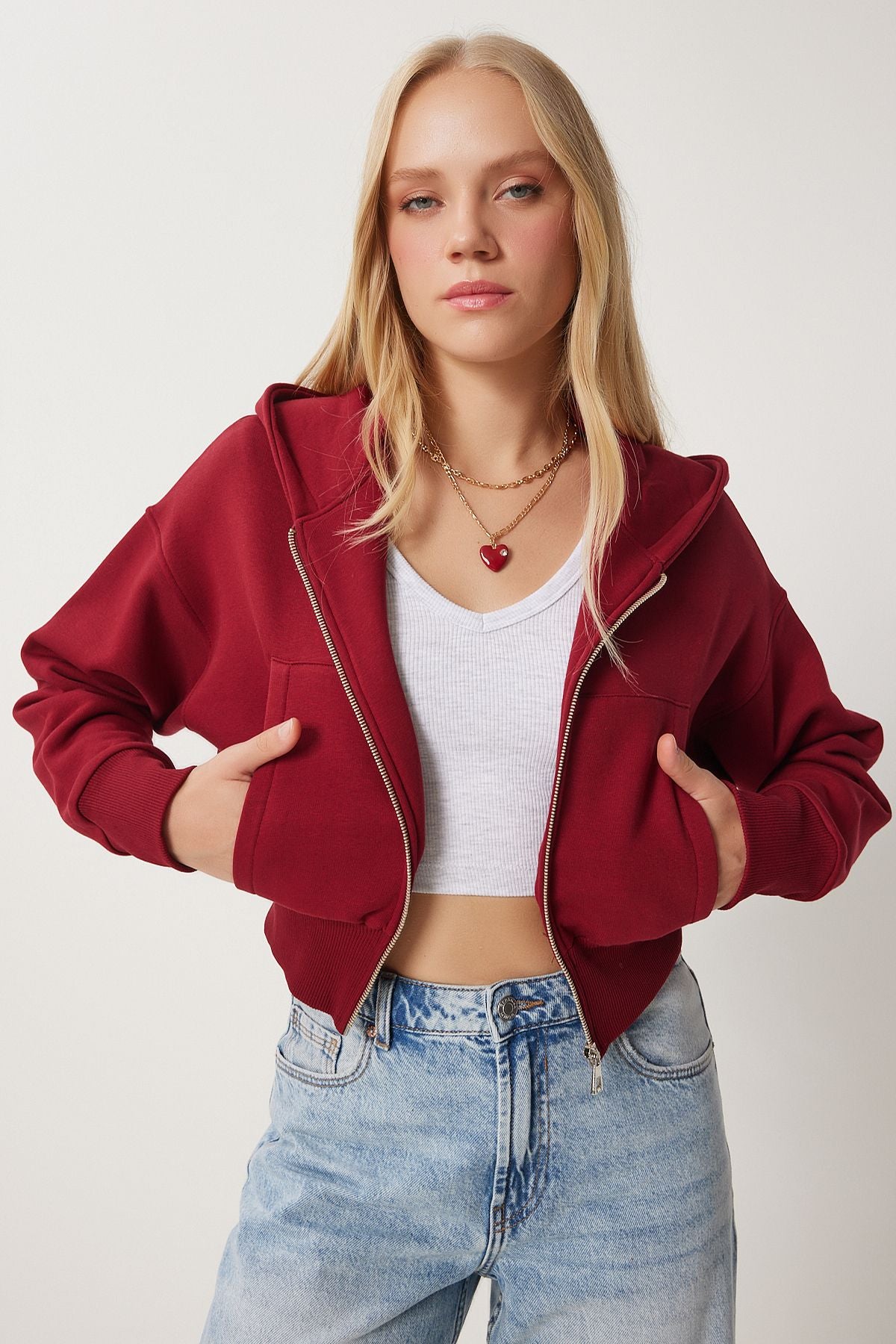 Female Bordeaux Hooded Sweatshirt with Zippered Zipper Ow00051