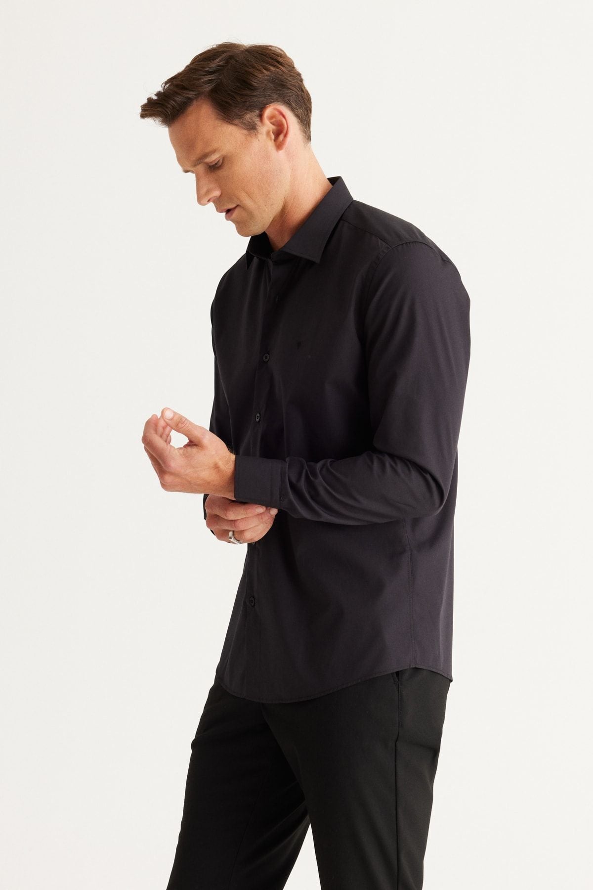Men's black ironing easy non-Ion slim fit narrow cut classic collar cotton shirt