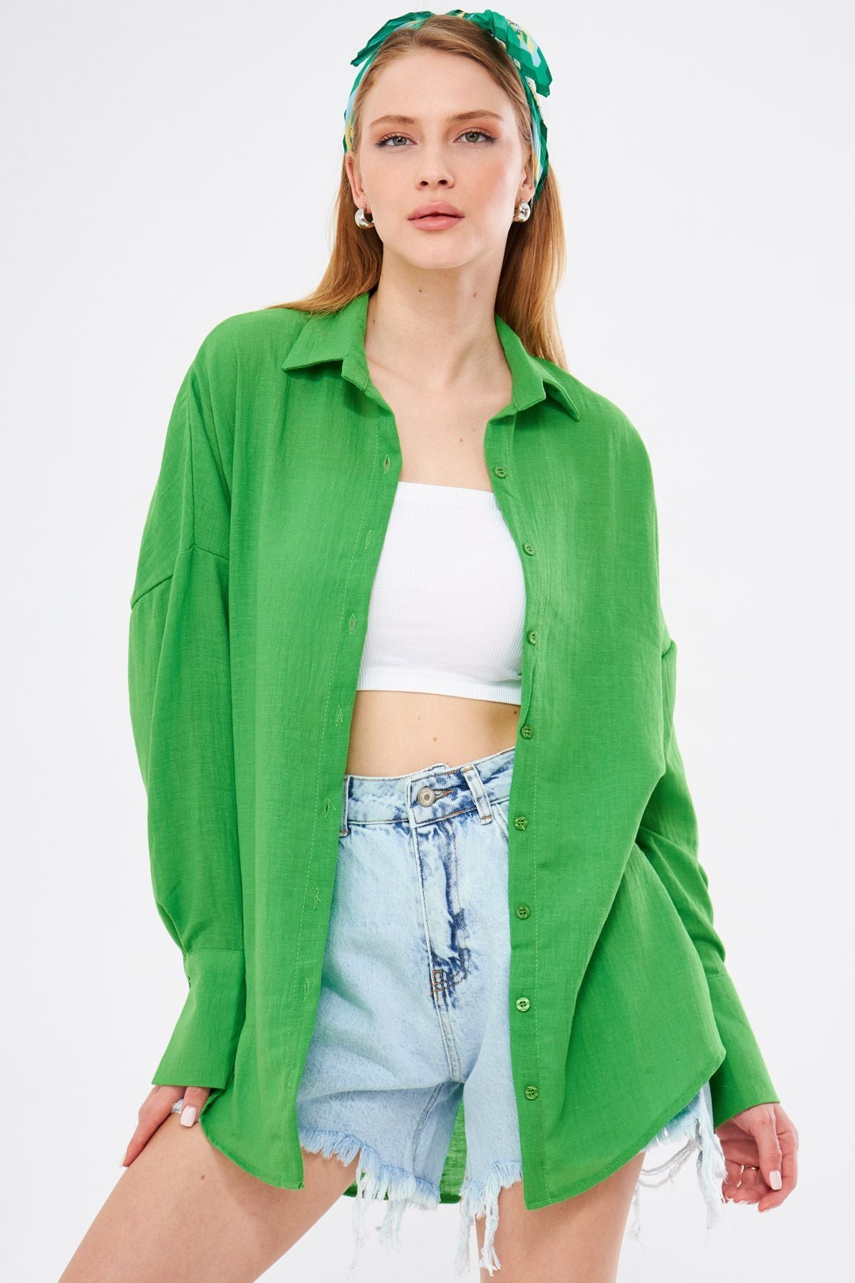 Female Green Oversize textured linen-looking large cuff shirt ARM-24K001001