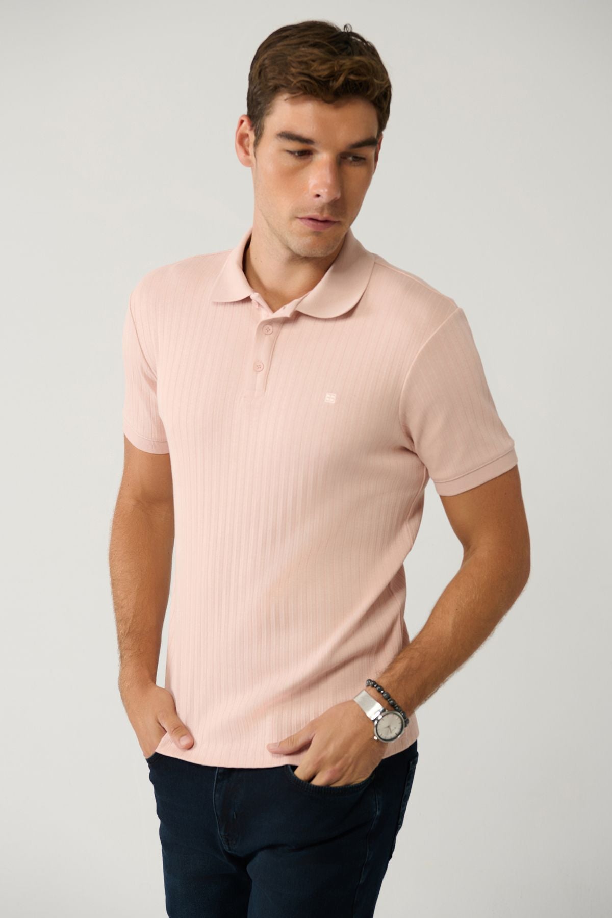 Male Light Pink 100 %Cotton 3 Buttoned Jacquar Polo Yaka T-shirt A41y1354