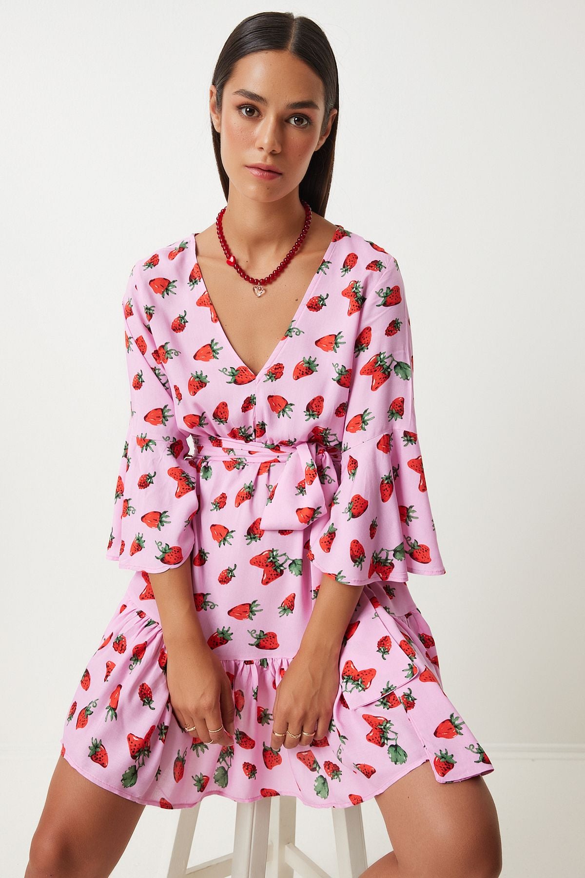 Woman Red Pink Patterned Summer Viscose Clash Dress FN03202