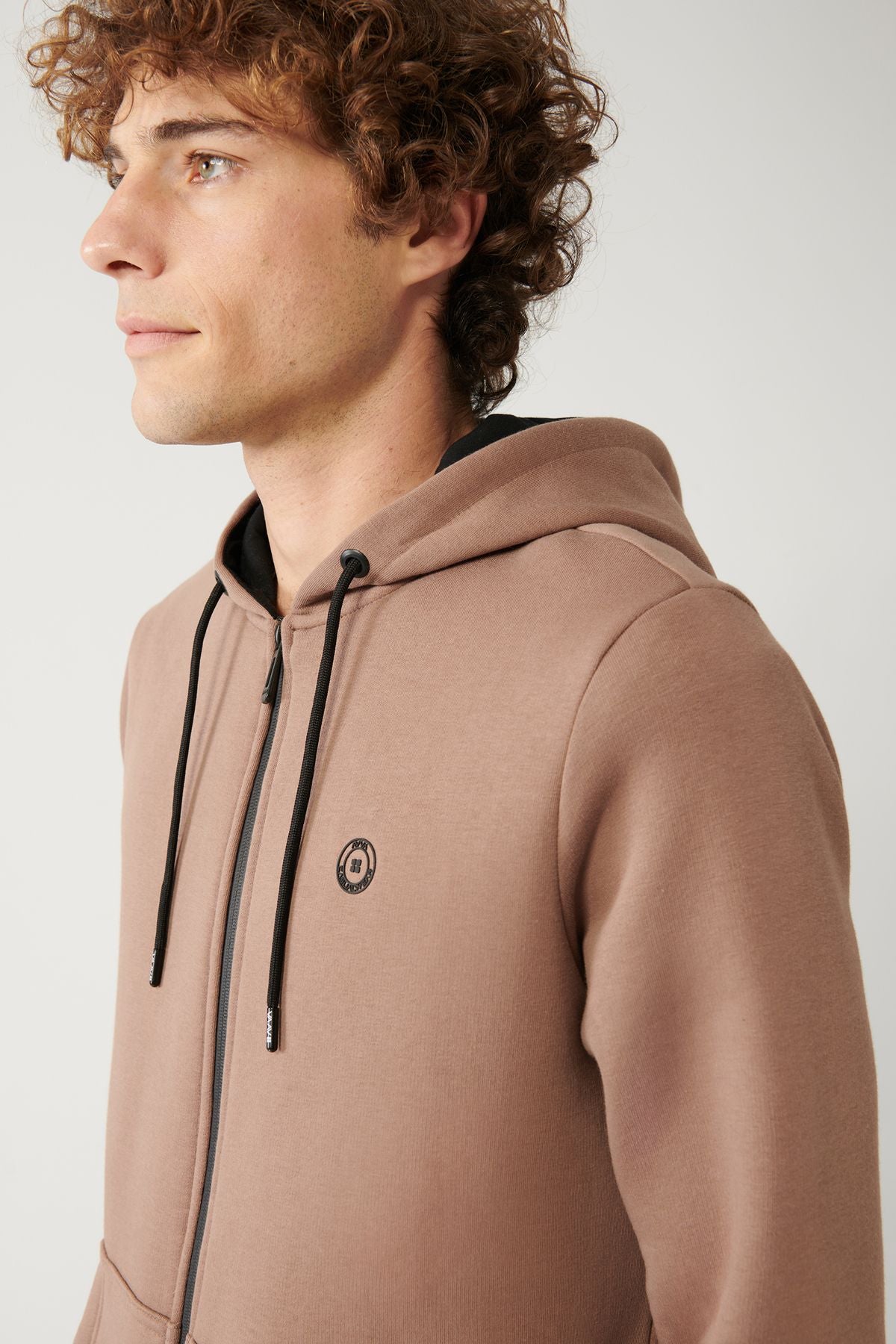 Men's light brown unisex sweatshirt hooded collar polarli 3 -needed zipper regular Fite001