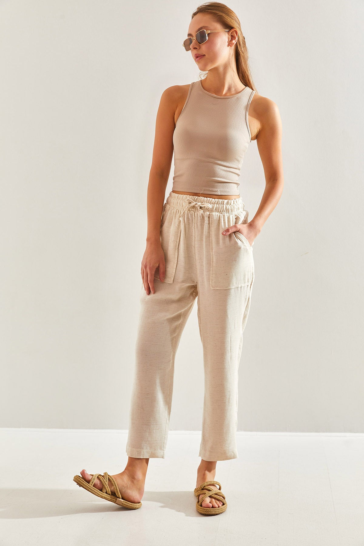 Women's Elastic Waist Linen Trousers 60171026