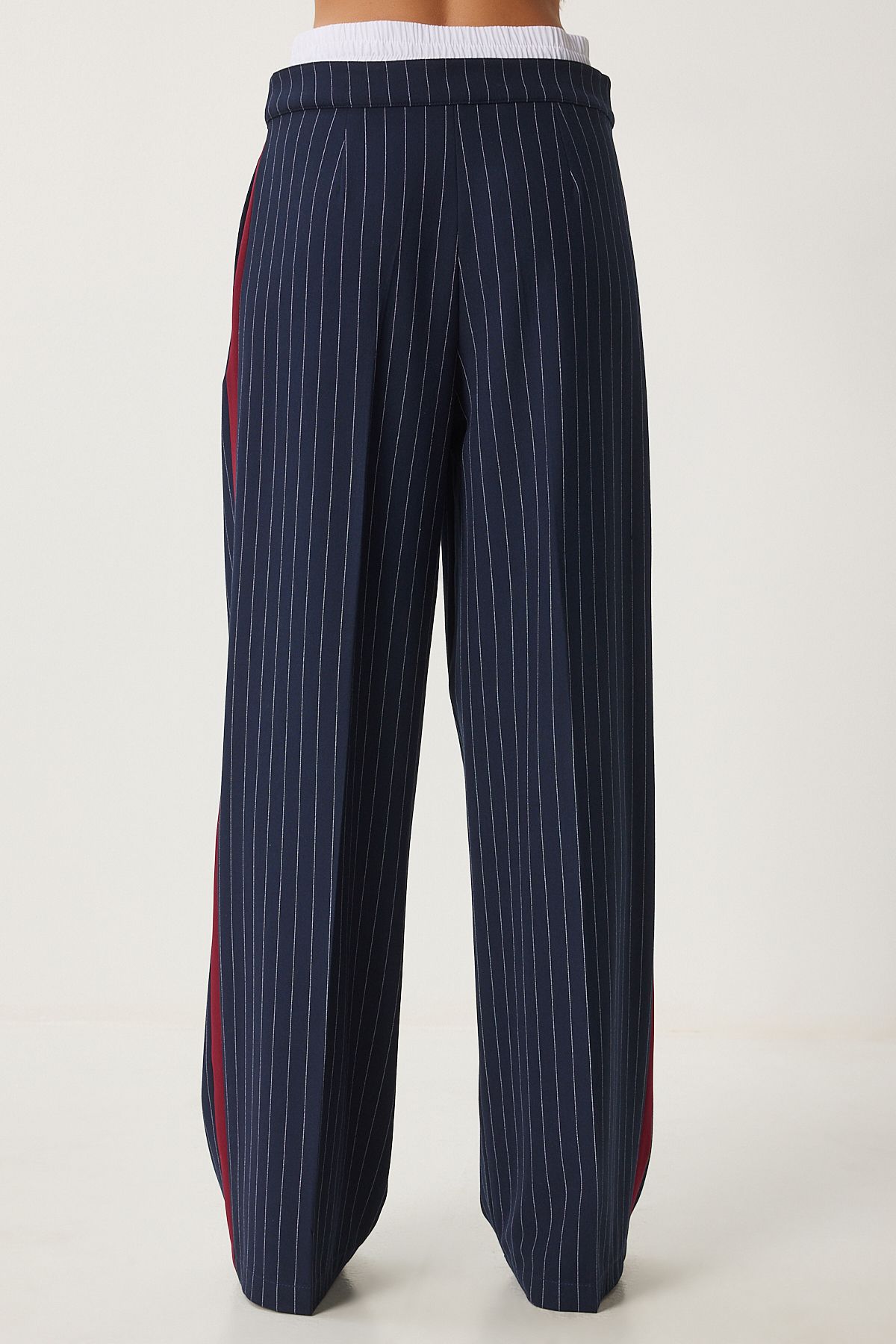 Woman Navy Blue Contrast Waist Detail Striped Weaving Pants HL00006