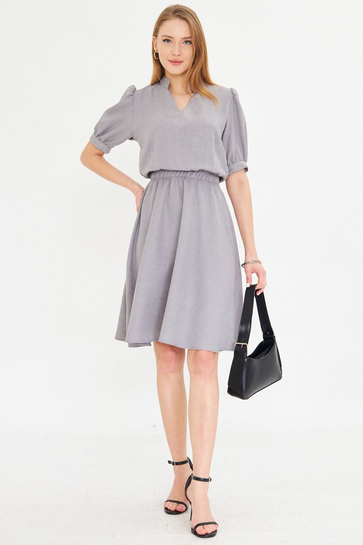 Woman Gray V-Yaka Waist Waist Tire Short Sleeve Clash Dress ARM-25Y001001