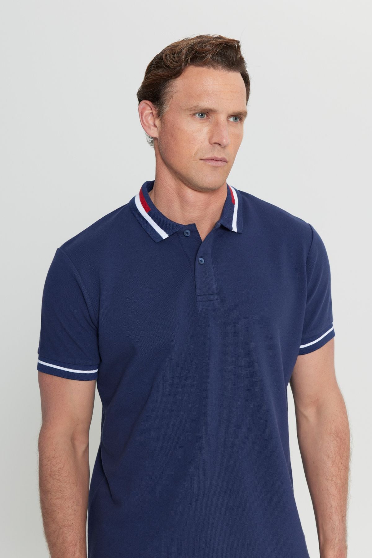 Men's navy blue slim fit narrow cut 100 %cotton polo collar t -shirt