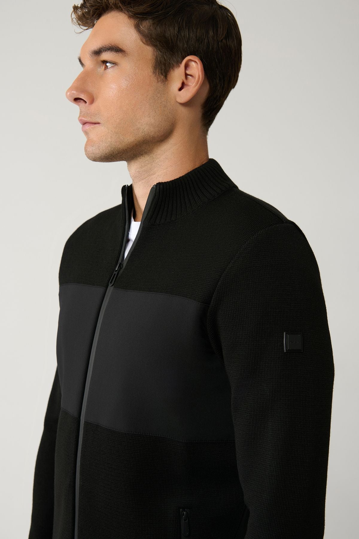 Men's black upright collar patterned technical fabric detailed zipper woolen cardigan A32y6056
