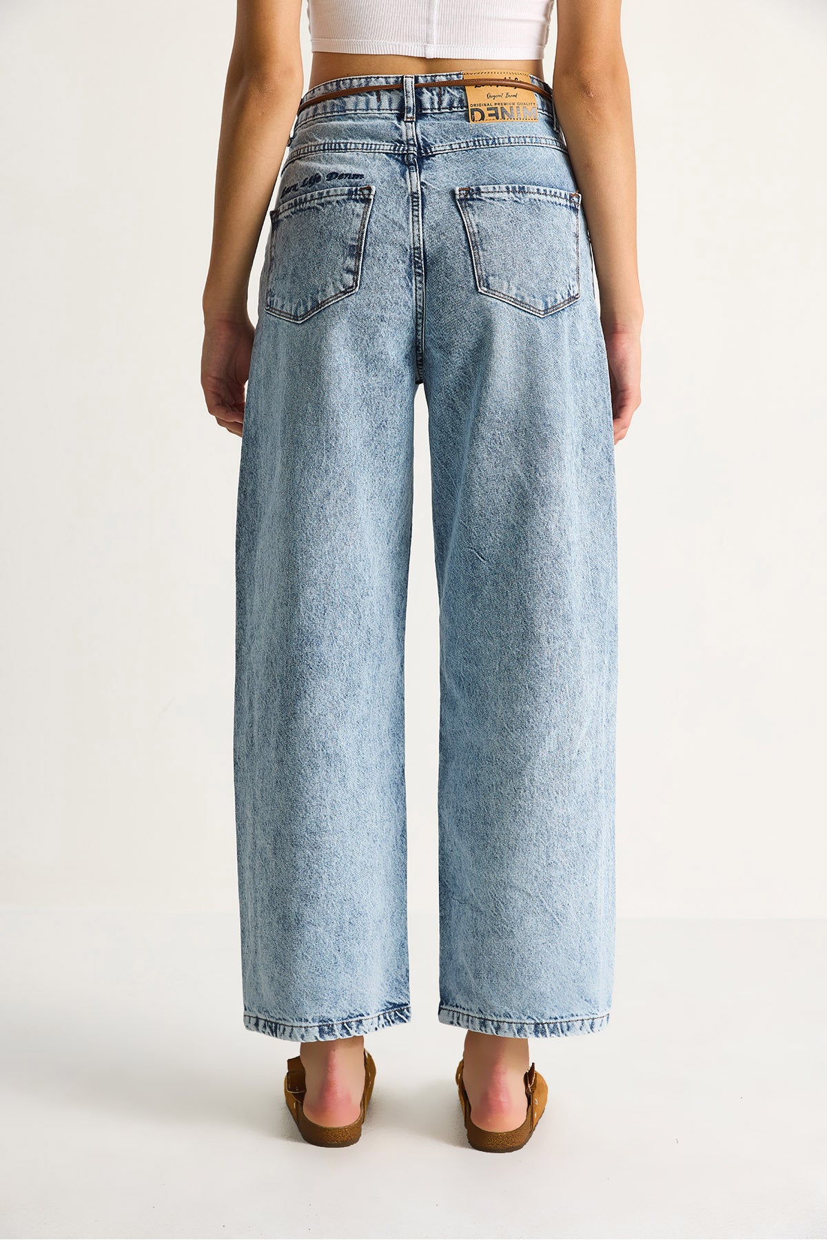 Women's Wide Leg High Waist Leather Rope Belt Denim Trousers 5288 60284109