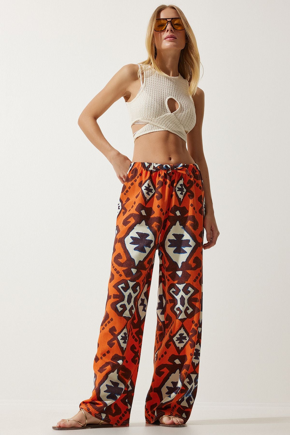 Female Orange Patterned Raw Linen Palazzo Pants BH00397