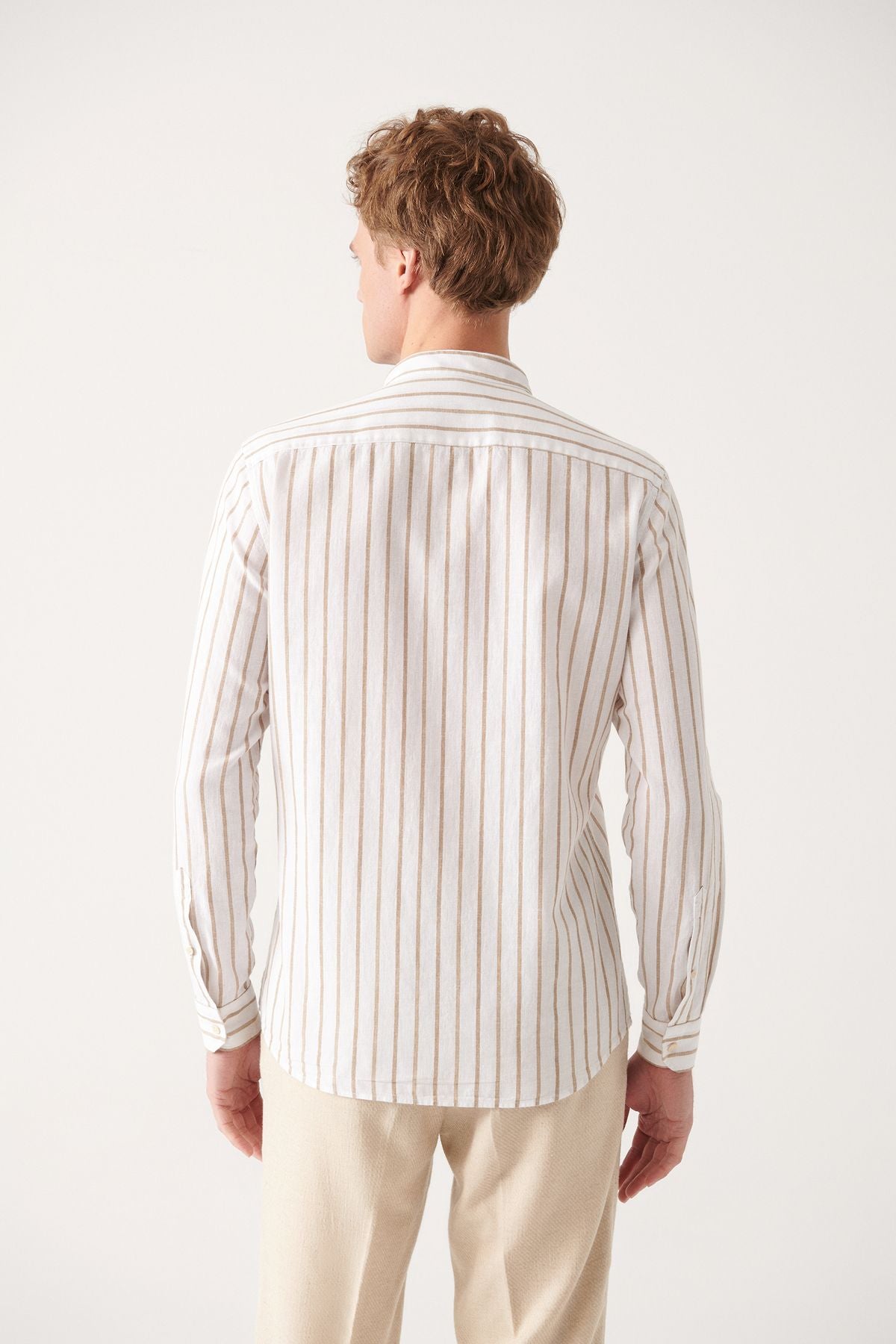 Men's Beige Dominated Cake Striped Cotton Shirt with Linen A31Y2076