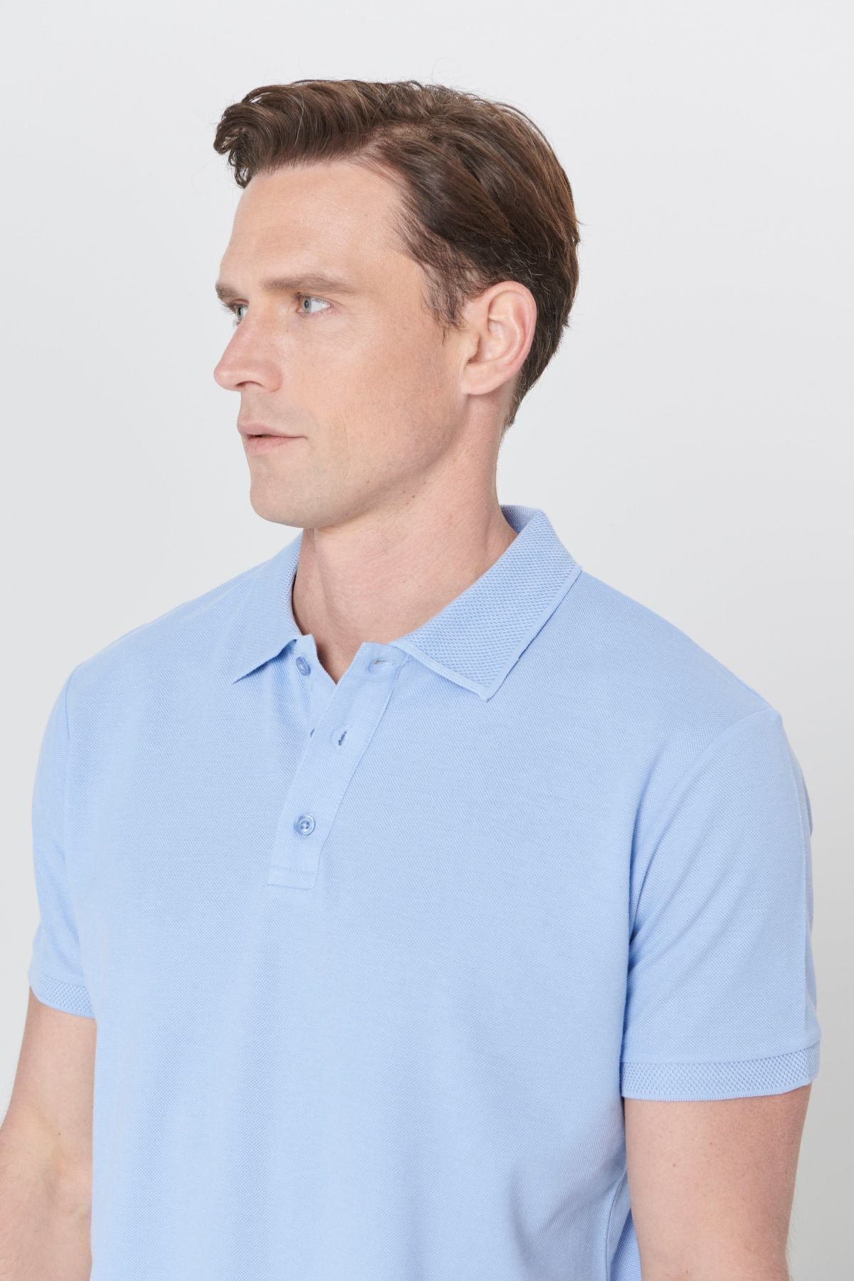 Men's light blue 100 %cotton curved Pike Polo collar slim fit narrow cut t -shirt