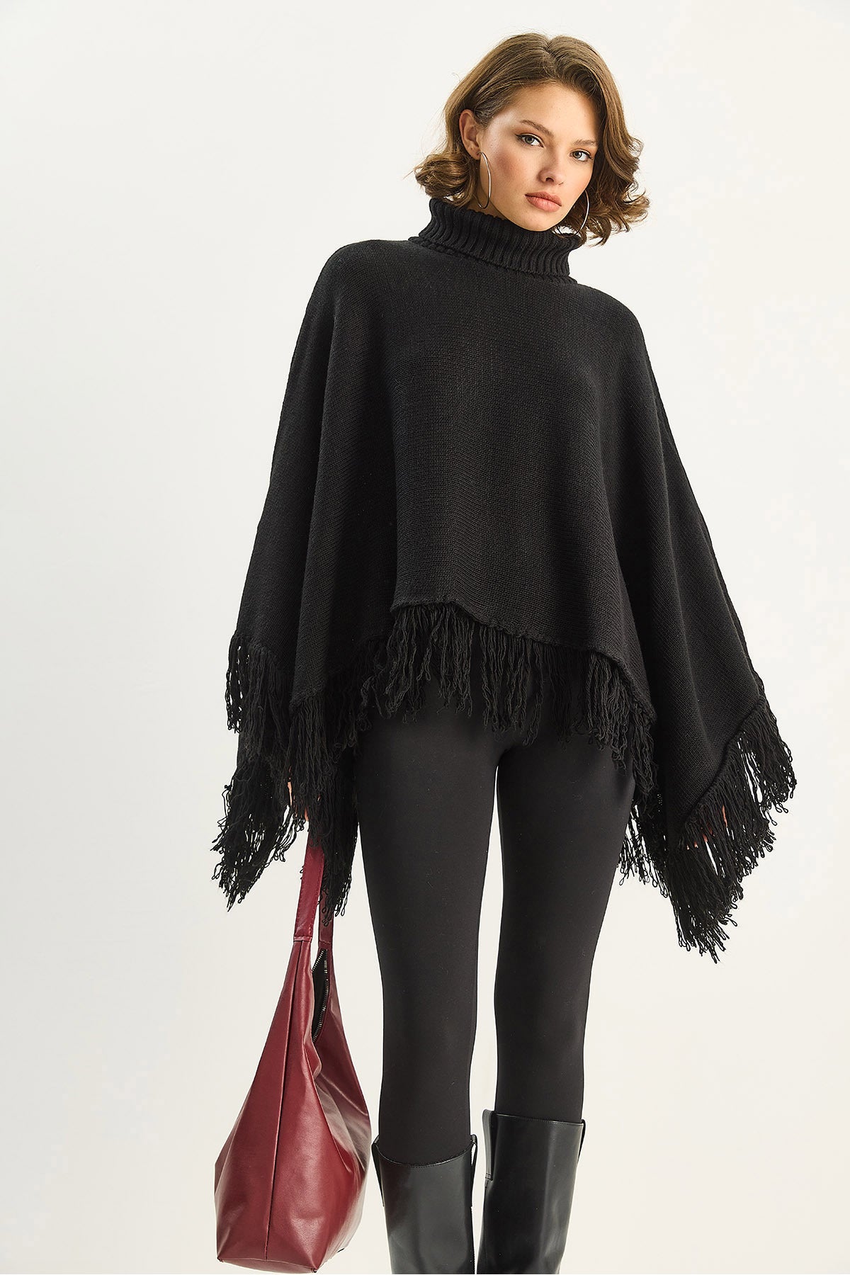 Women's Turtleneck Tasseled Knitwear Poncho TP251007 60283722