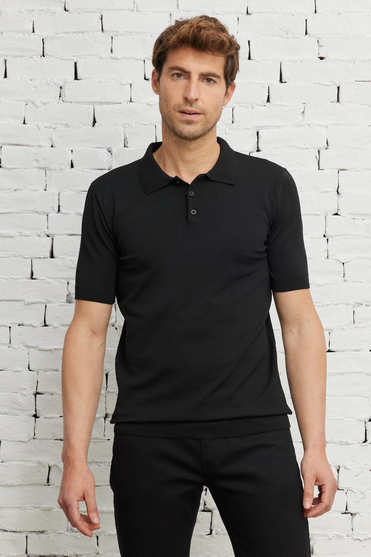 Men's Black Standard Fit Normal Cut Polico Triko T -shirt with short sleeves