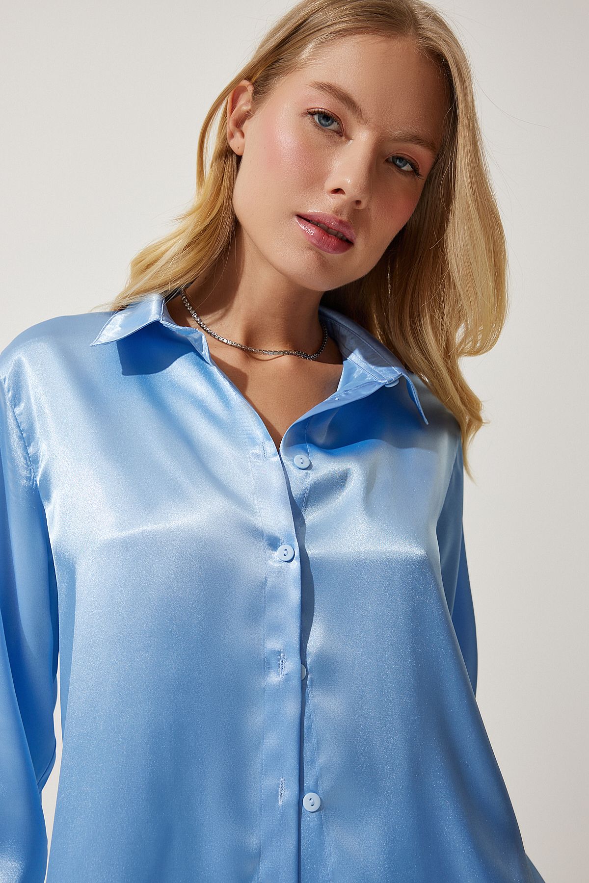 WOMEN SKY BLUE BLUE LIGHTED SATIN SOLUTION SHIRT DD00990