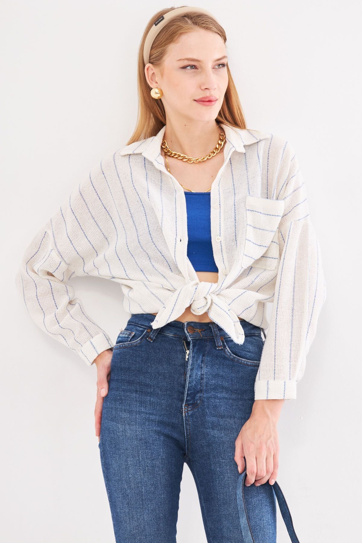 Woman Navy blue Long Sleeve Pocket detailed back Pleeled striped Oversiz shirt ARM-24Y001053