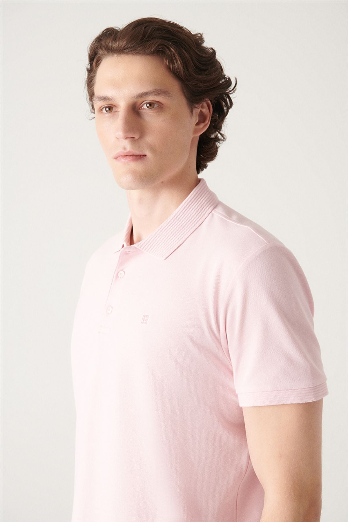 Men's light pink 3 button 100 %corn cotton Polo Yaka T-shirt B001027