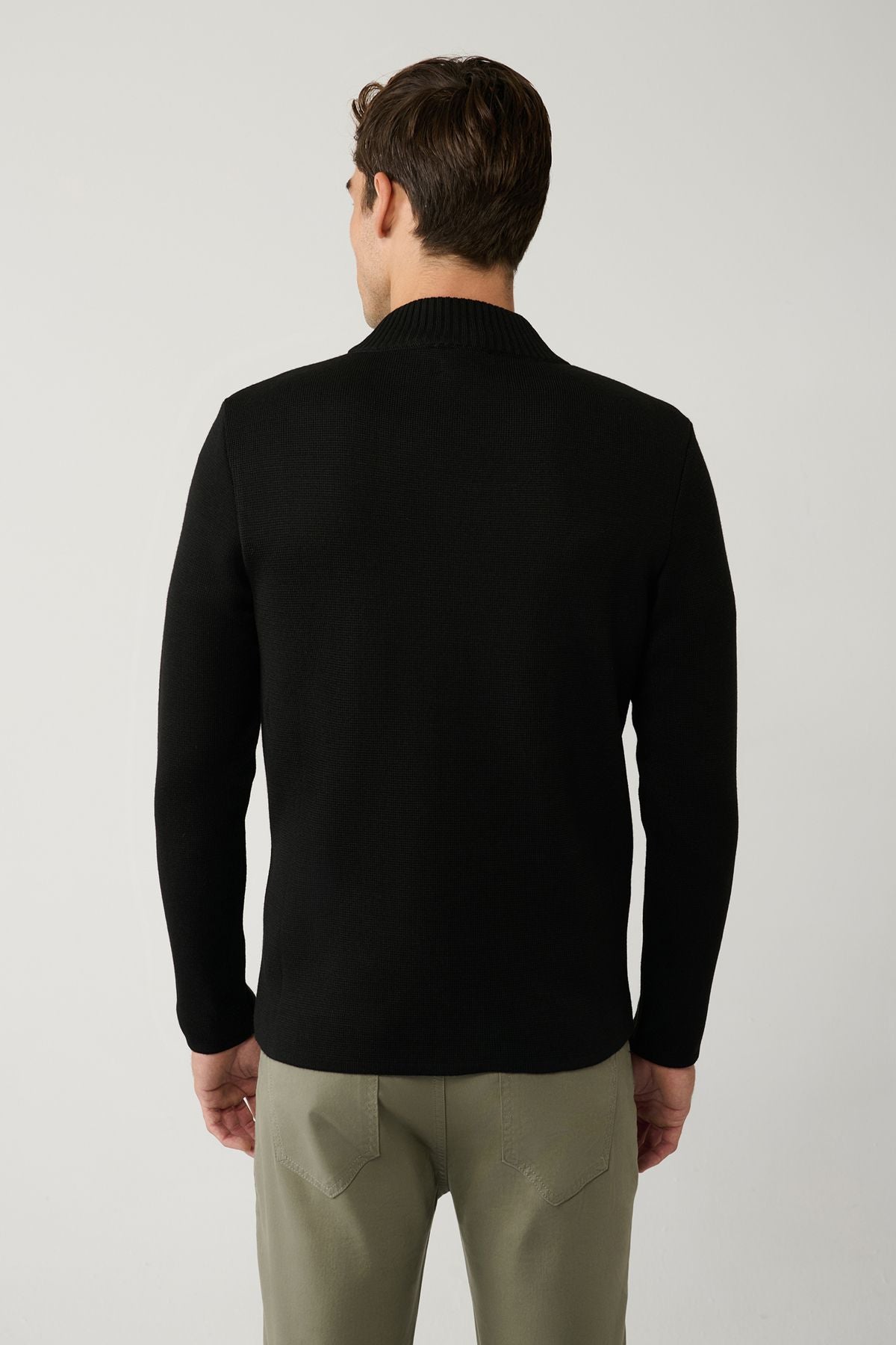Men's black upright collar patterned technical fabric detailed zipper woolen cardigan A32y6056