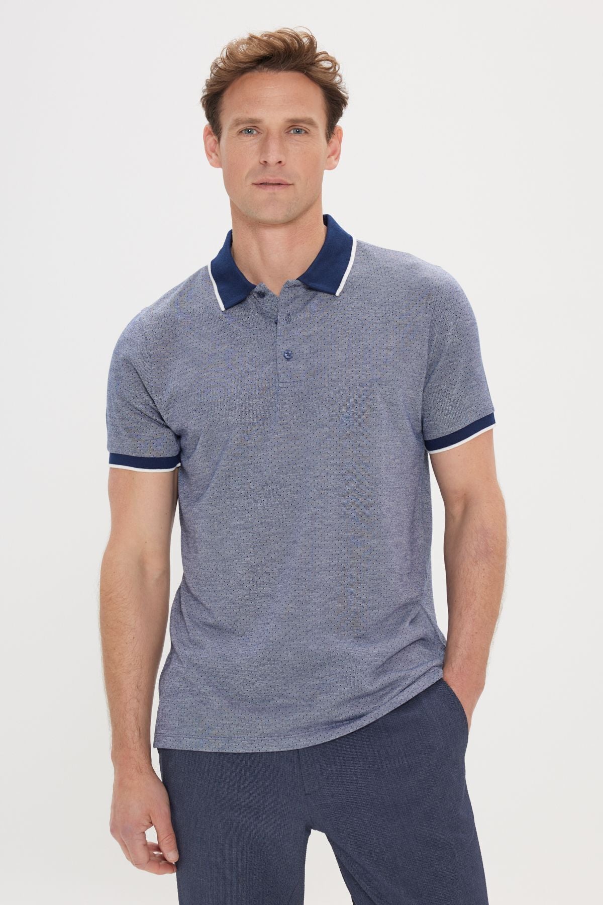 Men's navy blue slim fit narrow cut Polo Yaka Jacquard T -shirt