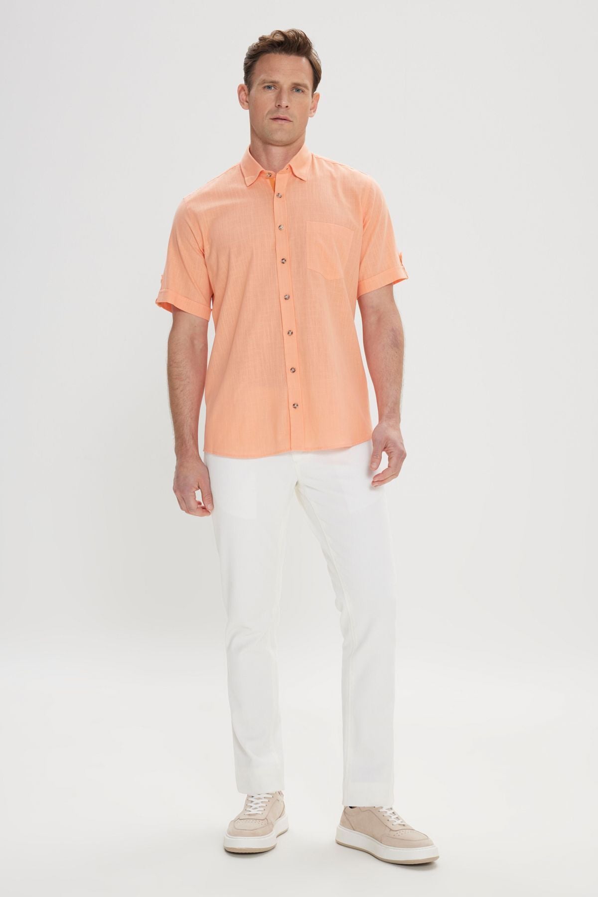 Men's Orange Comfort Fit Casual Cutting Buttoned Neck Linen Looking 100 %Cotton Short Sleeve Shirt