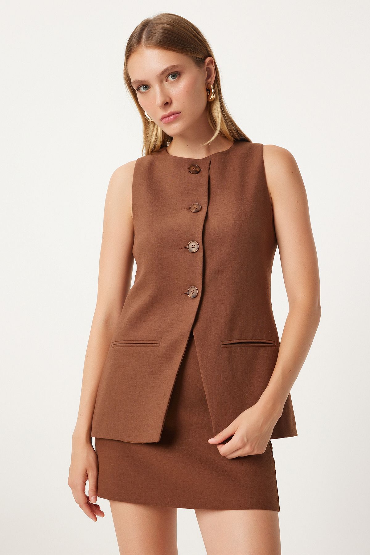 Women's Brown Fleto Pocket Detailed Long Weaving Vest FN03239