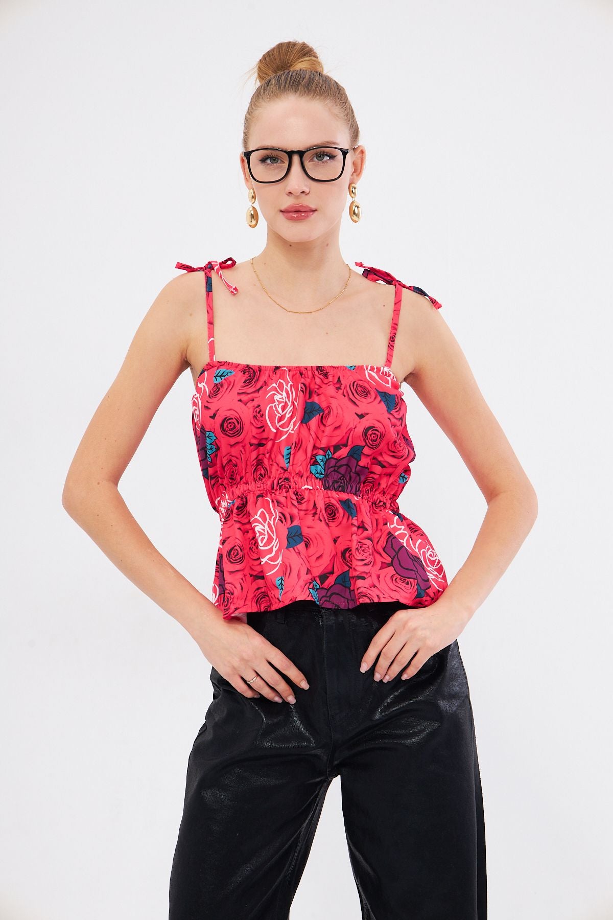 Woman Dark Pink Patterned Waist Waist Hangers Connect Detailed Strapless Crop blouse ARM-24Y0011166