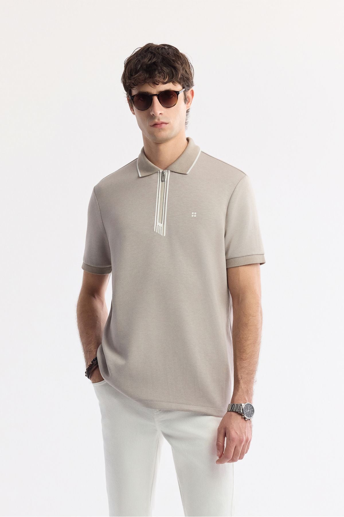 Men's Gray Zipper Polo Yaka Flexi Printing Detailed Interlok T-shirt A51y1007