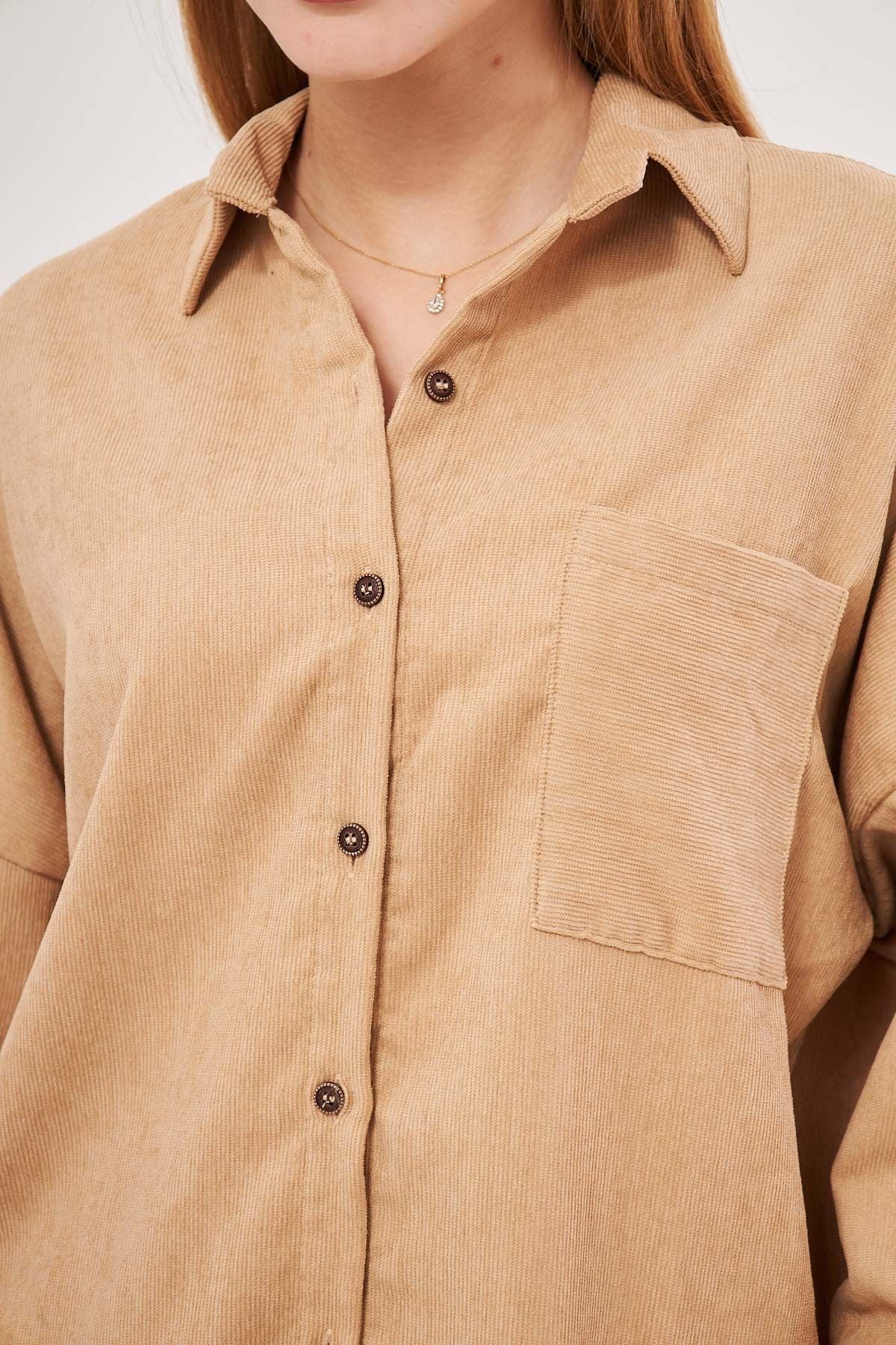 Female Beige Pocket Oversizle Fine Velve Velvet Shirt ARM-24K001076
