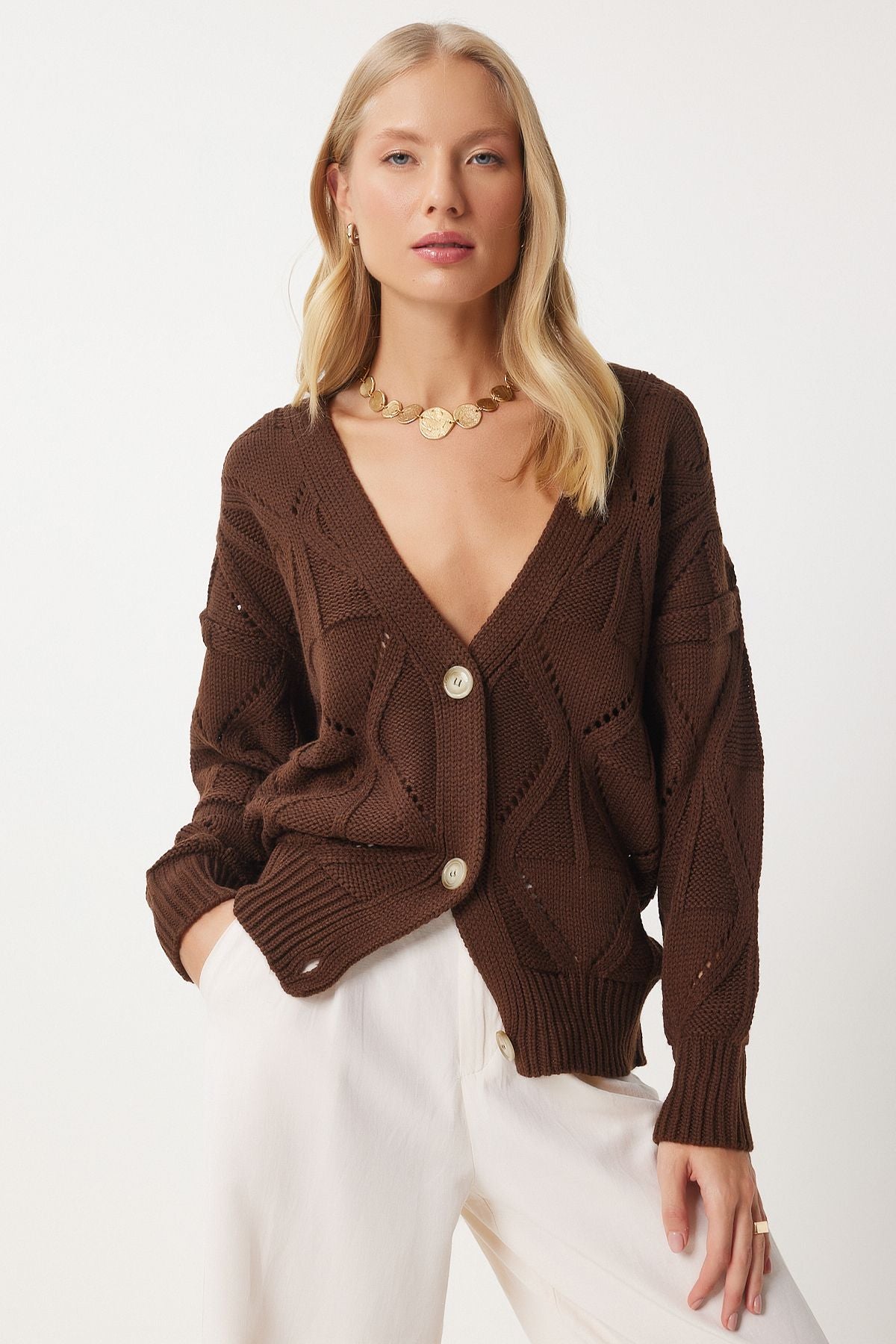 Women's brown motif knitwear cardigan xk00001