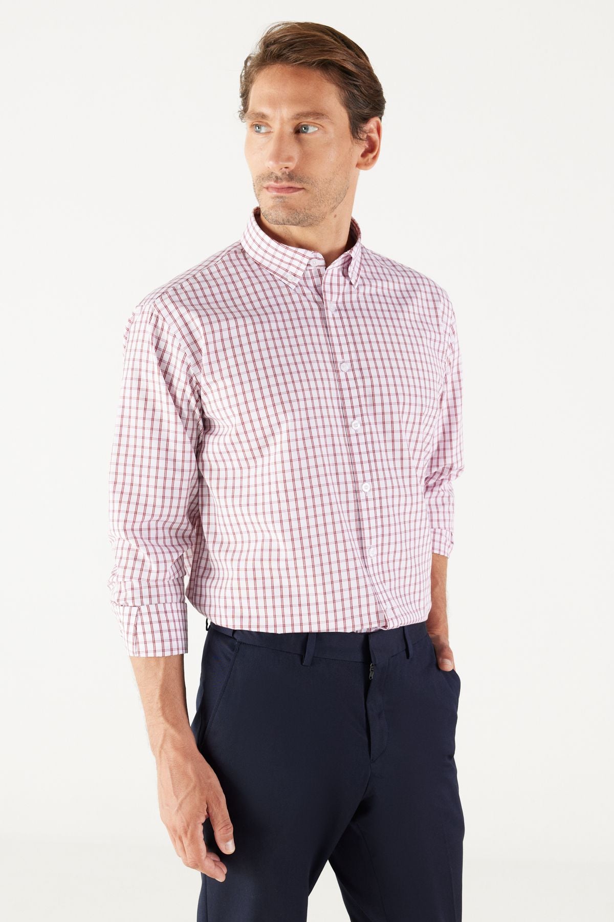 Men's White-Bordo Comfort Fit Casual Cutting Buttoned Neck Cotton Cotton Shirt