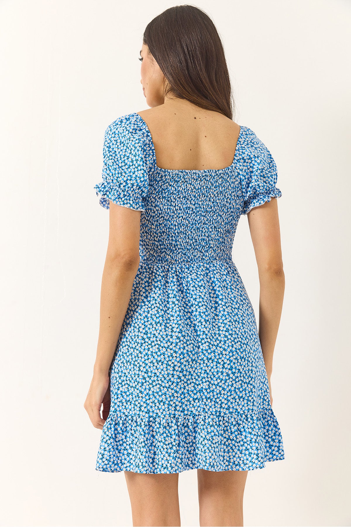 Women's Daisy Patterned Watermelon Sleeve Gimped Mini Viscose Dress 60283226