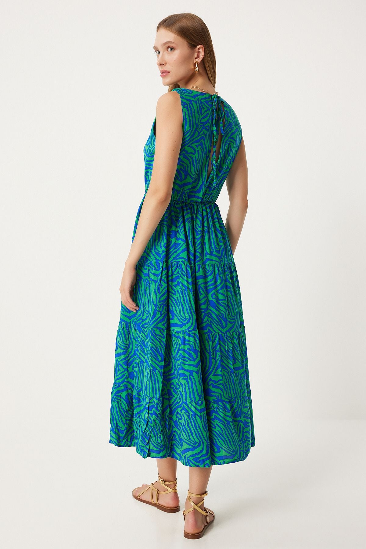 Female green blue pattern V -neck summer viscose dress CI00110
