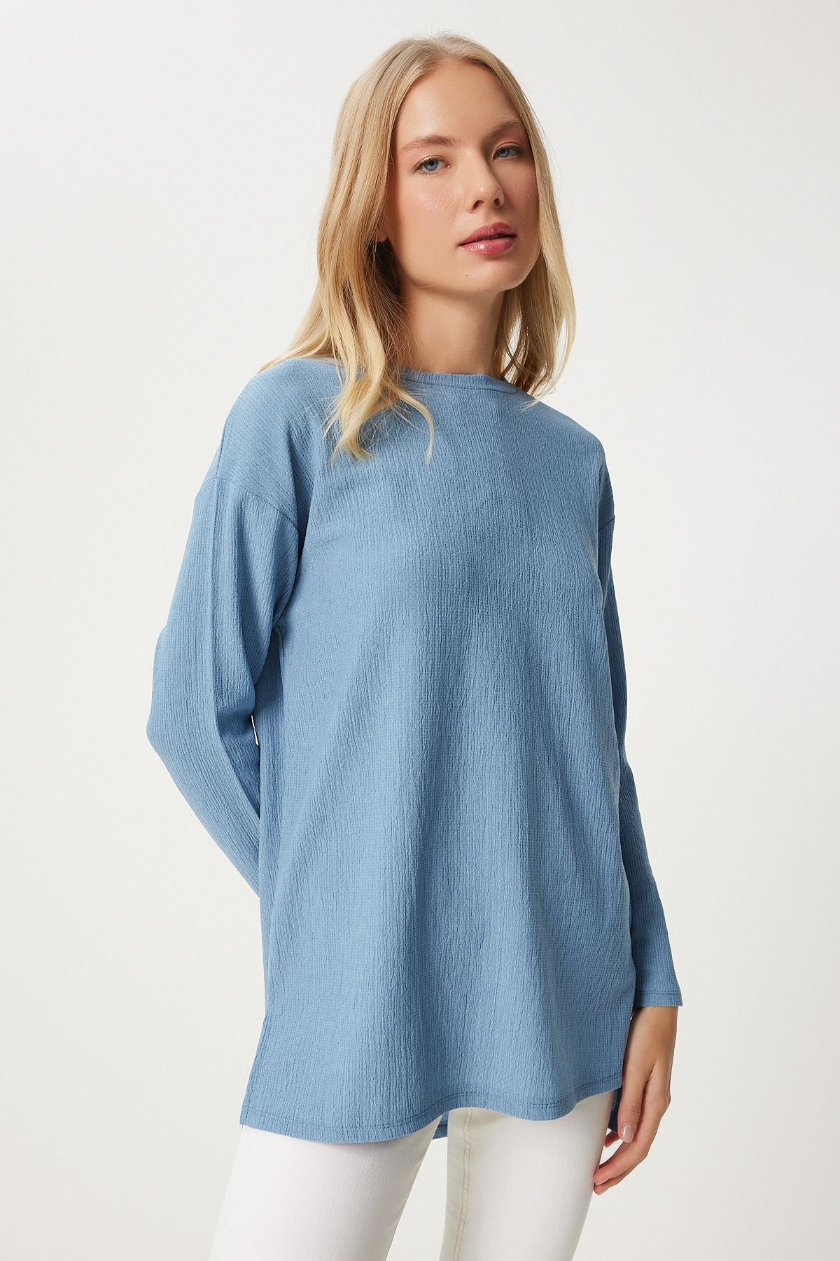 Women's Sky Blue Patterned Long Sleeve Blouse ZH00038