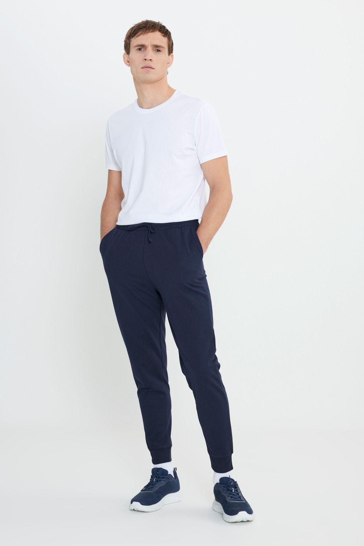 Men's Navy Blue 2 Yarn Cotton Standard Fit Normal Normal Cut Tracksuit Set Package