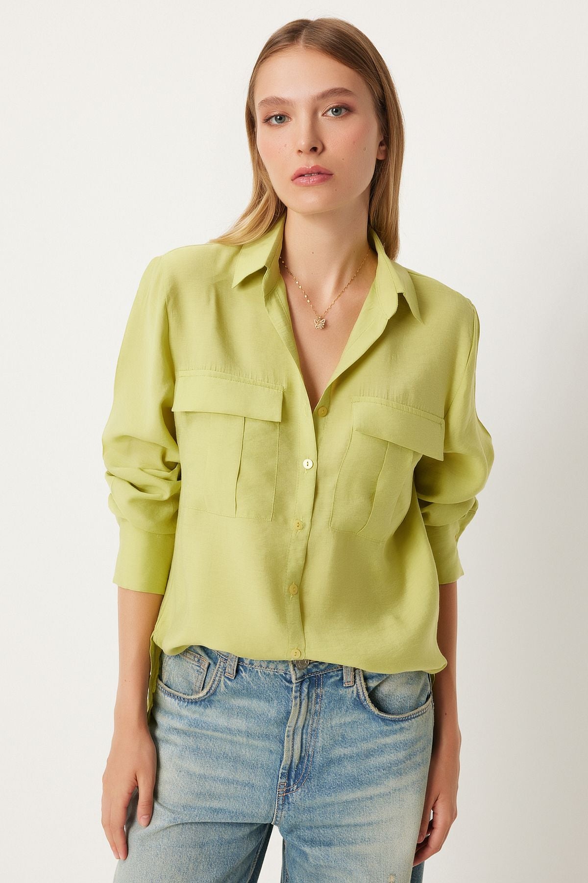 Women's Fat Green Wide Pocket Tensel Shirt FN03243