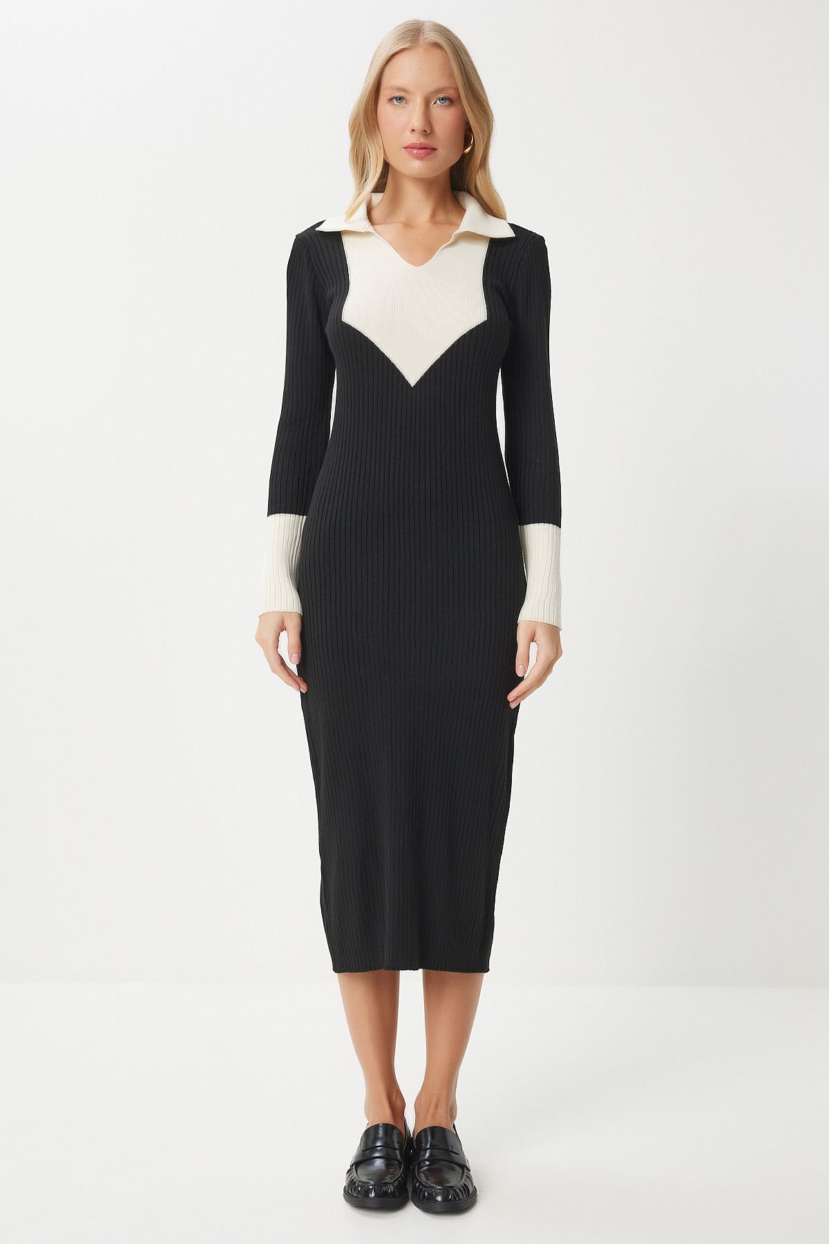 Female black contrast polo collar knitwear dress jg00003