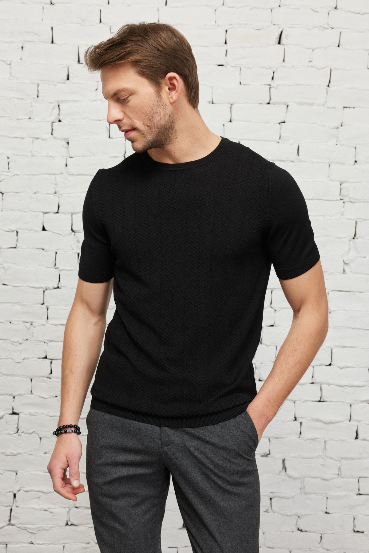 Men's Black Standard Fit Normal Normal Cut Bike Yaka Jacquari Triko T -shirt