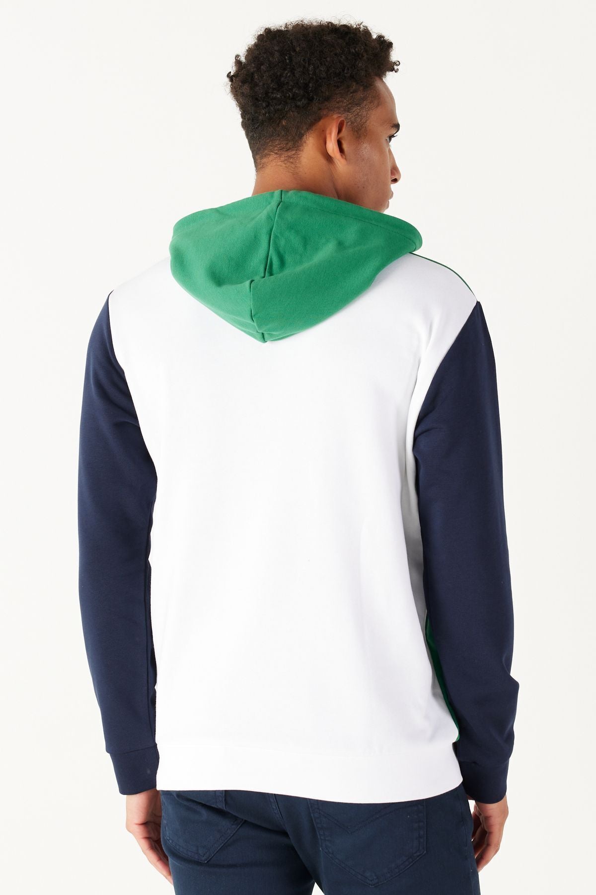 Men's white-green standard fit Normal cutting hooded cotton striped sweatshirt